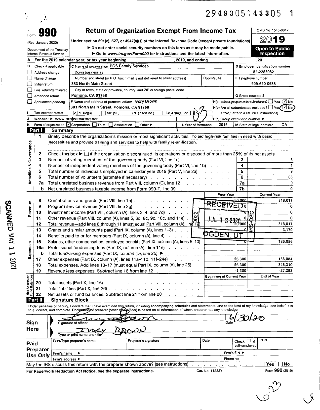 Image of first page of 2019 Form 990 for PCS Family Services