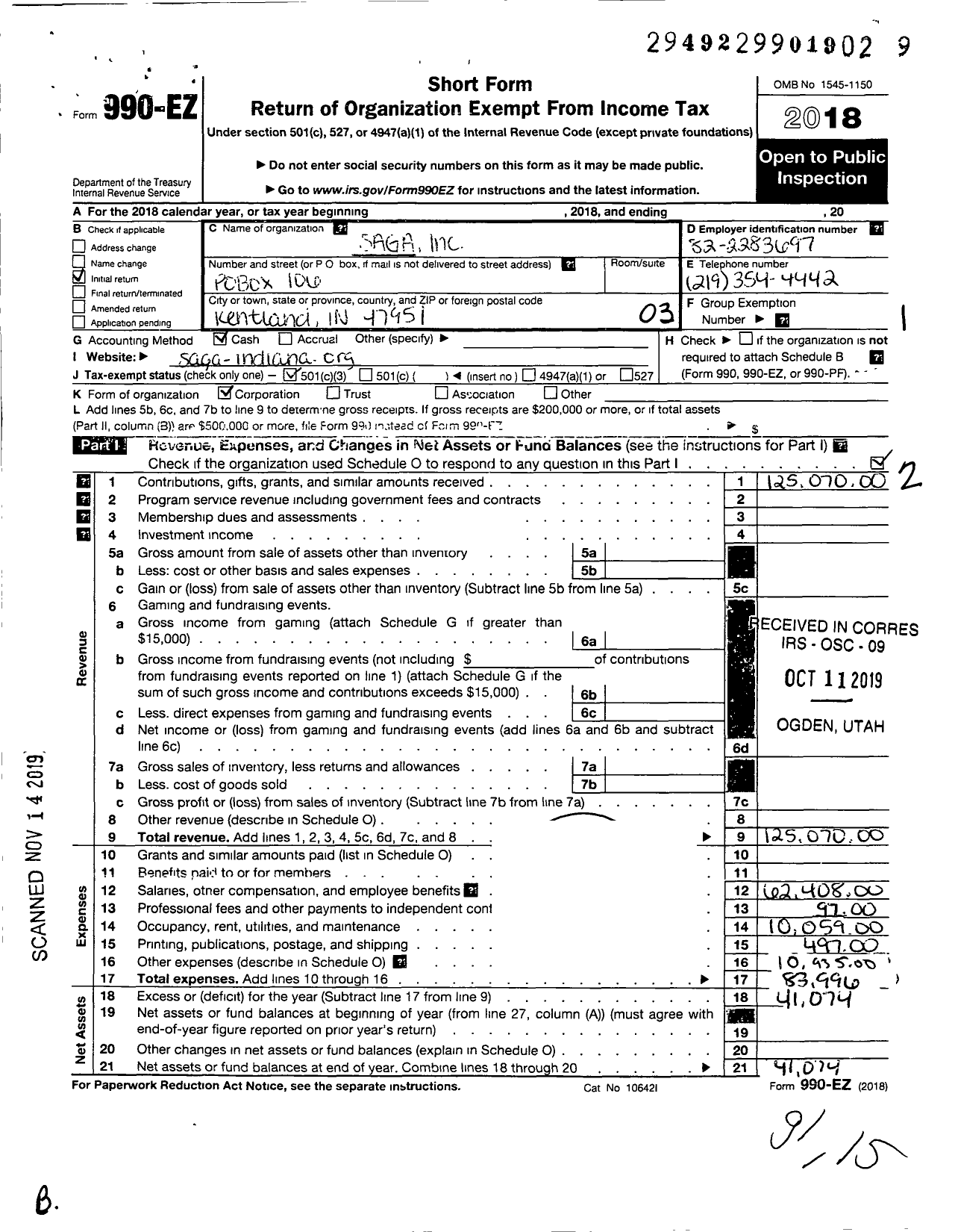 Image of first page of 2018 Form 990EZ for Saga