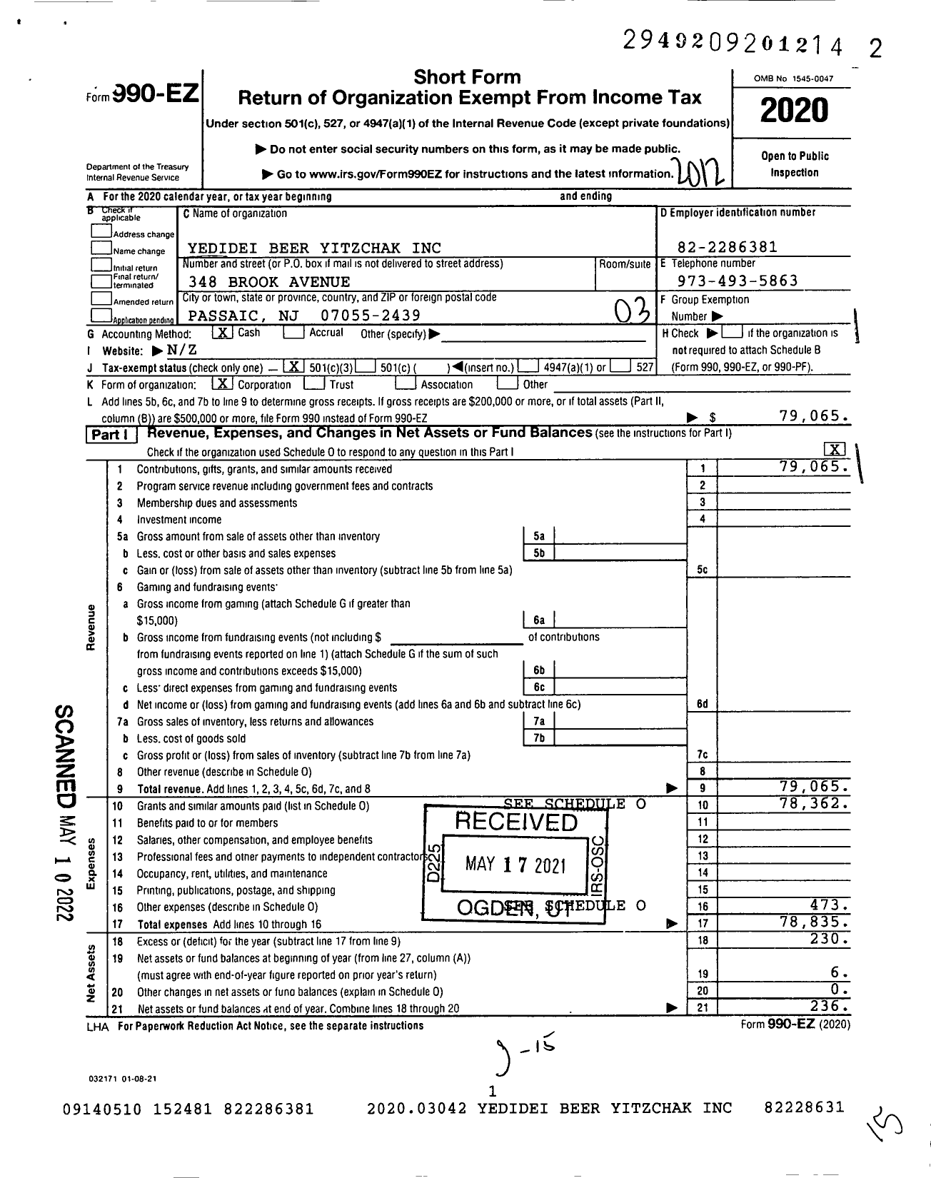 Image of first page of 2020 Form 990EZ for Yedidei Beer Yitzchak