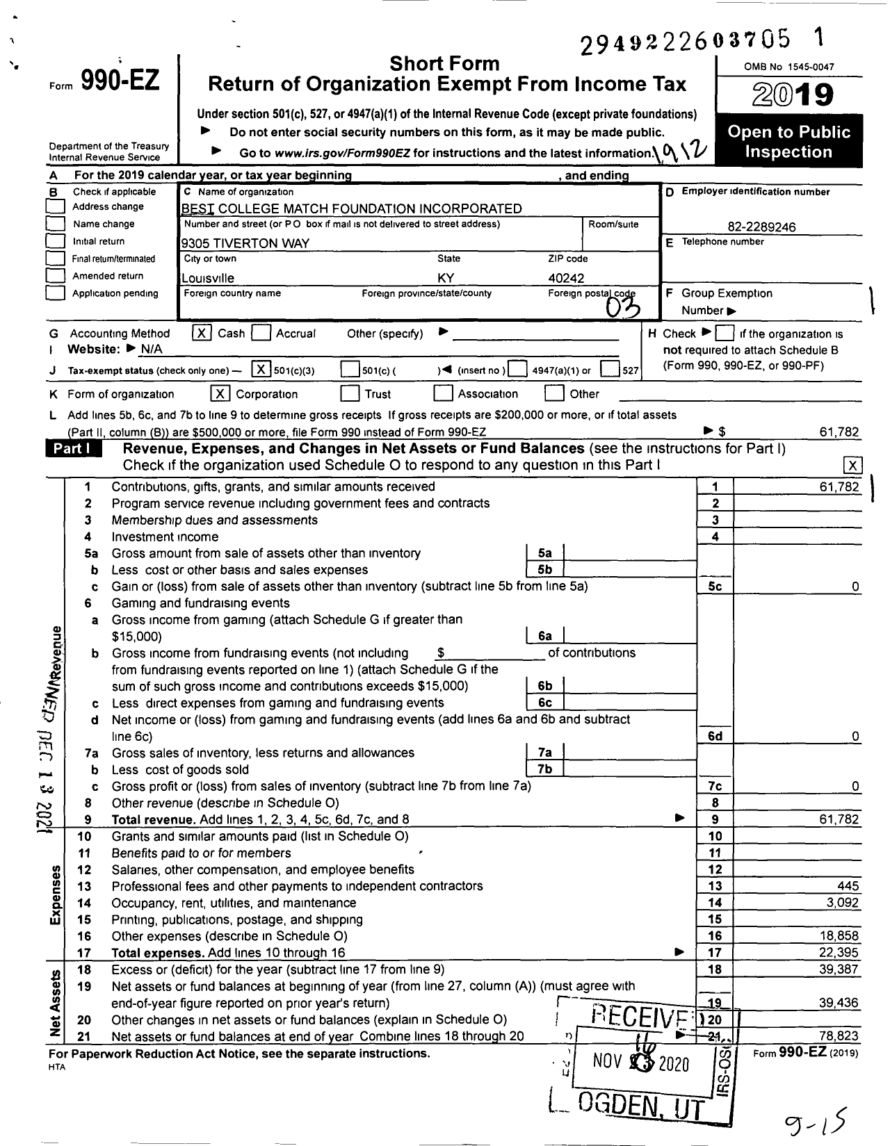 Image of first page of 2019 Form 990EZ for Best College Match