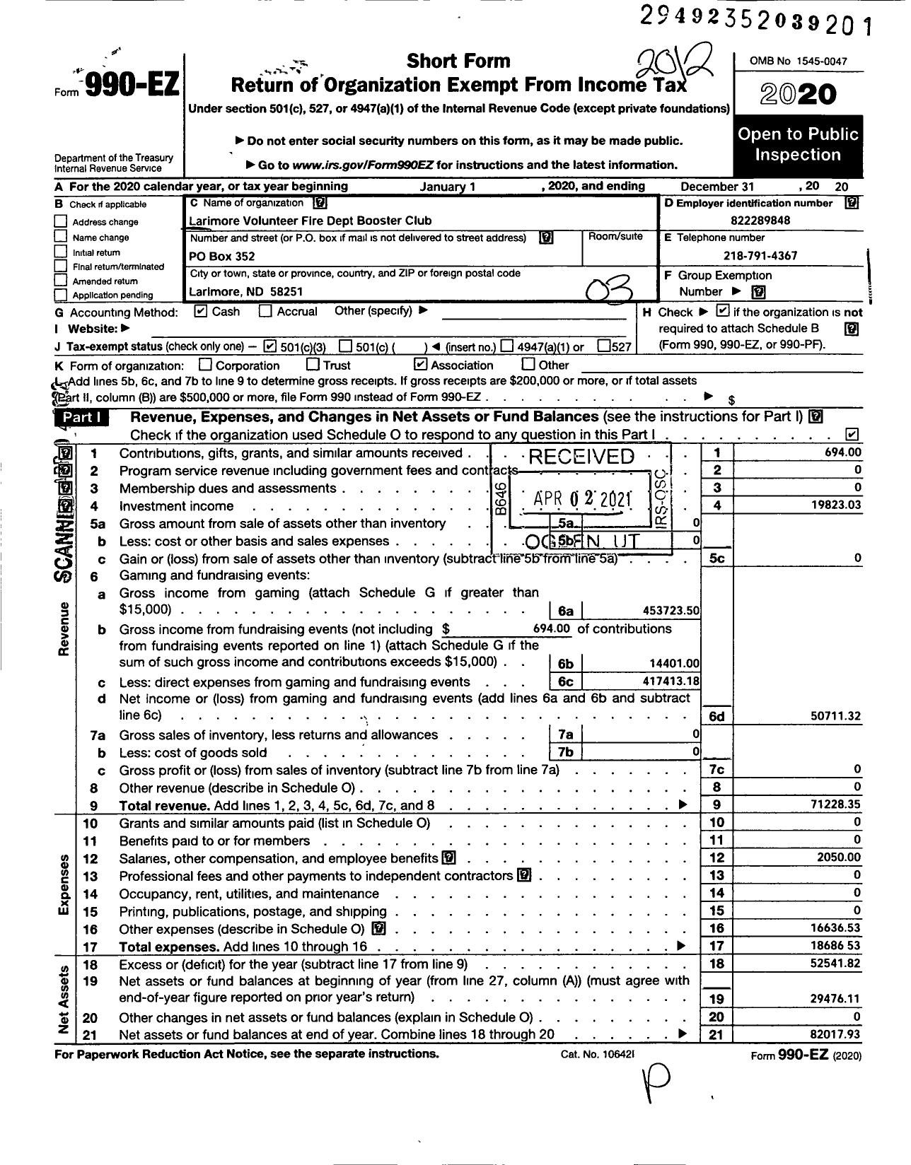 Image of first page of 2020 Form 990EZ for Larimore Volunteer Fire Dept Booster Club