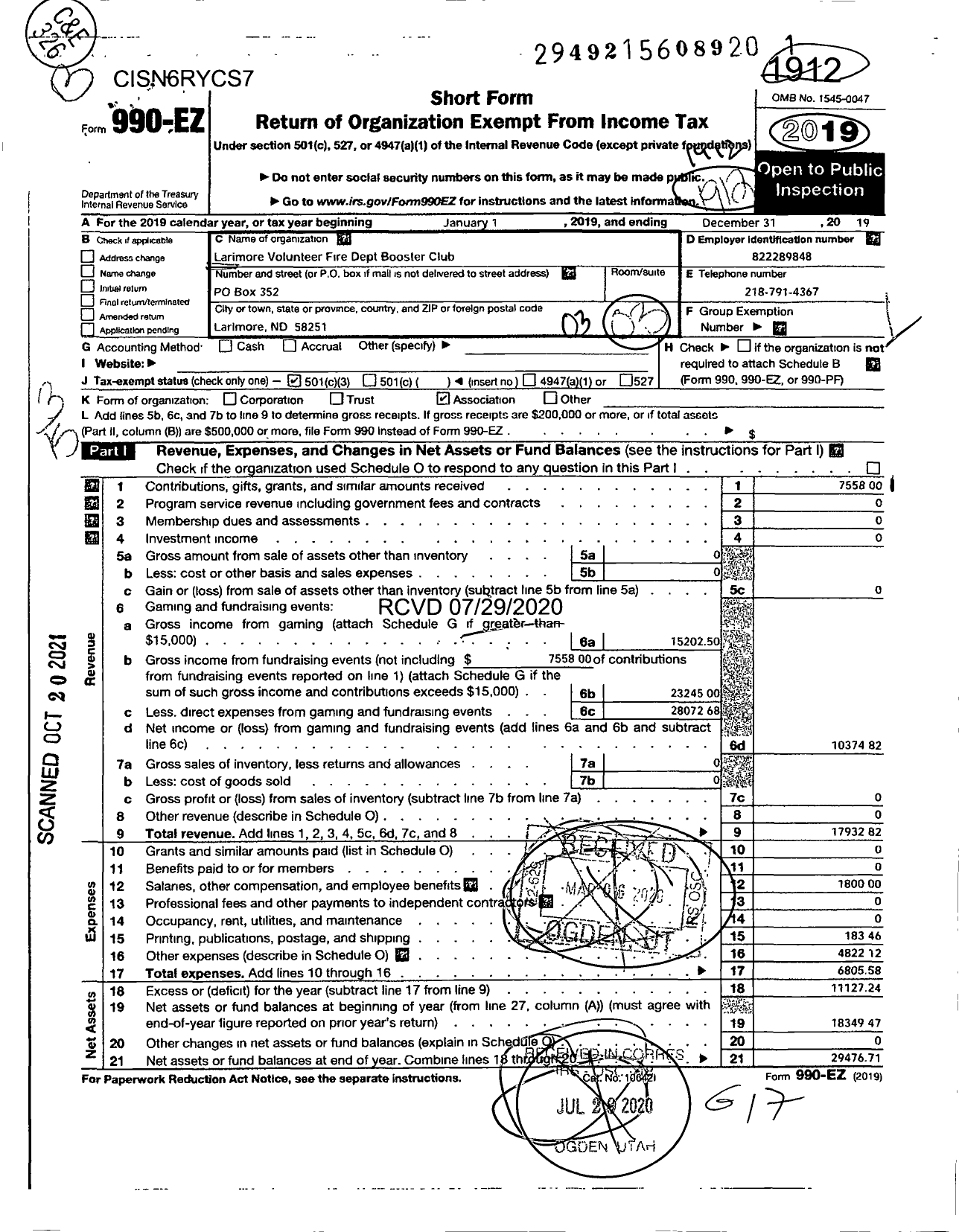 Image of first page of 2019 Form 990EZ for Larimore Volunteer Fire Dept Booster Club