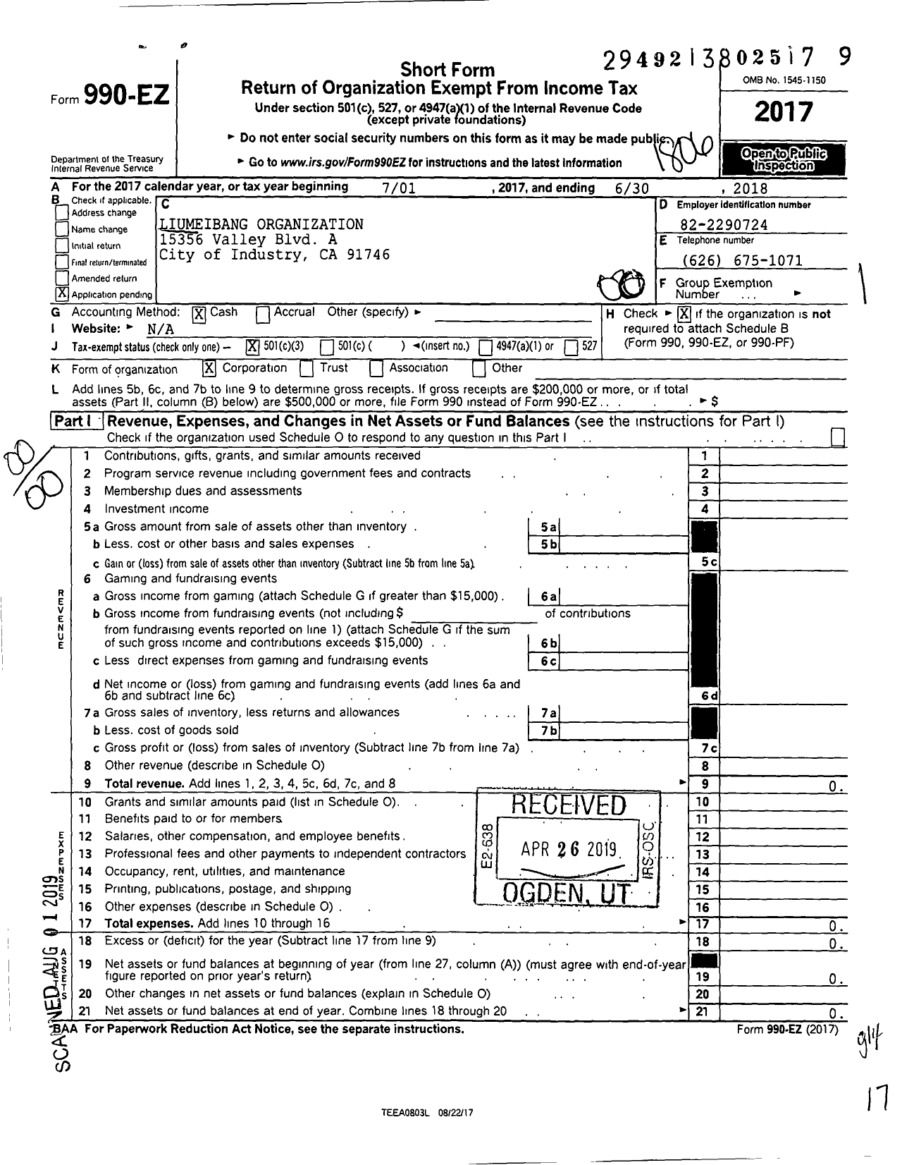 Image of first page of 2017 Form 990EO for Liumeibang Organization