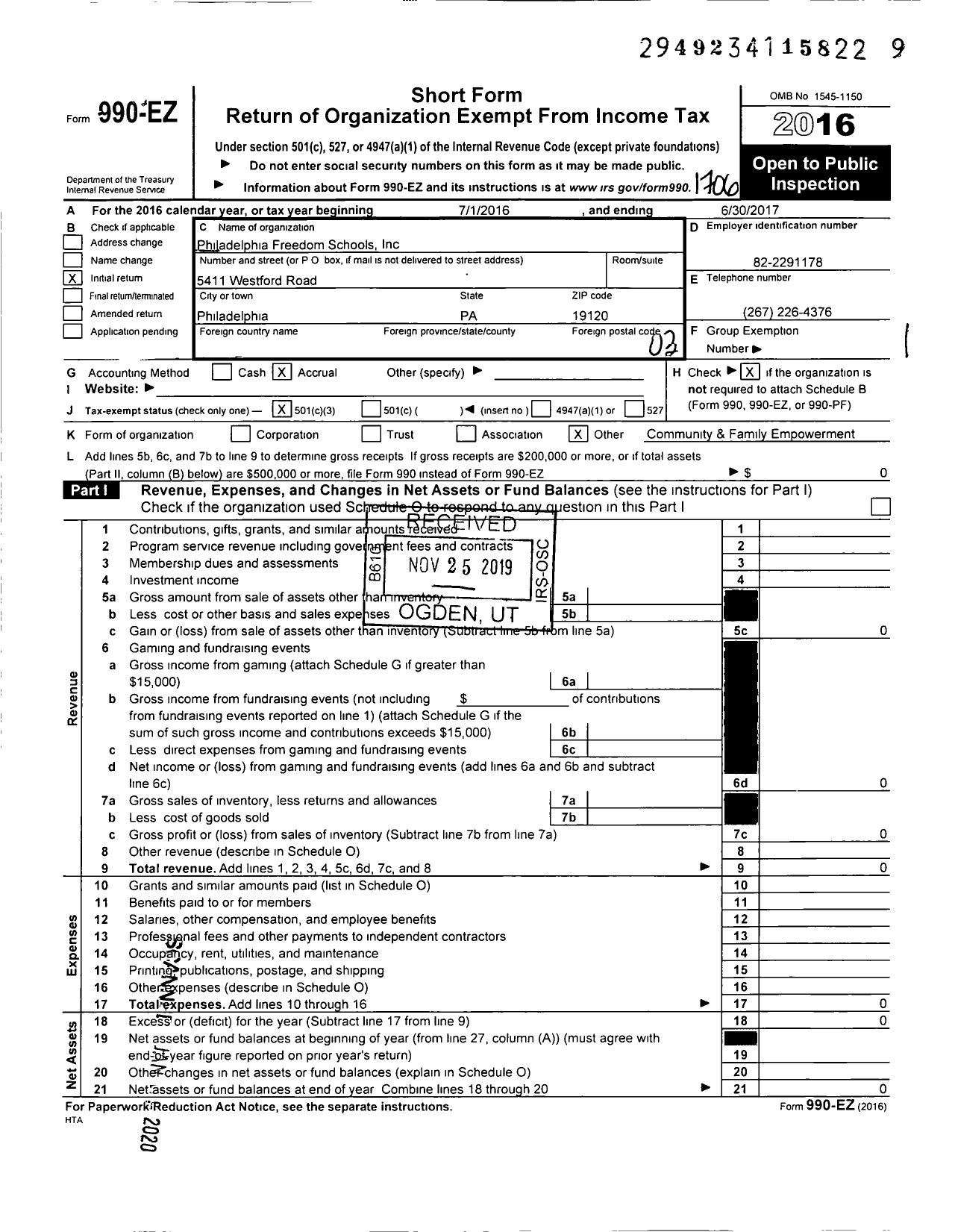 Image of first page of 2016 Form 990EZ for Philadelphia Freedom Schools