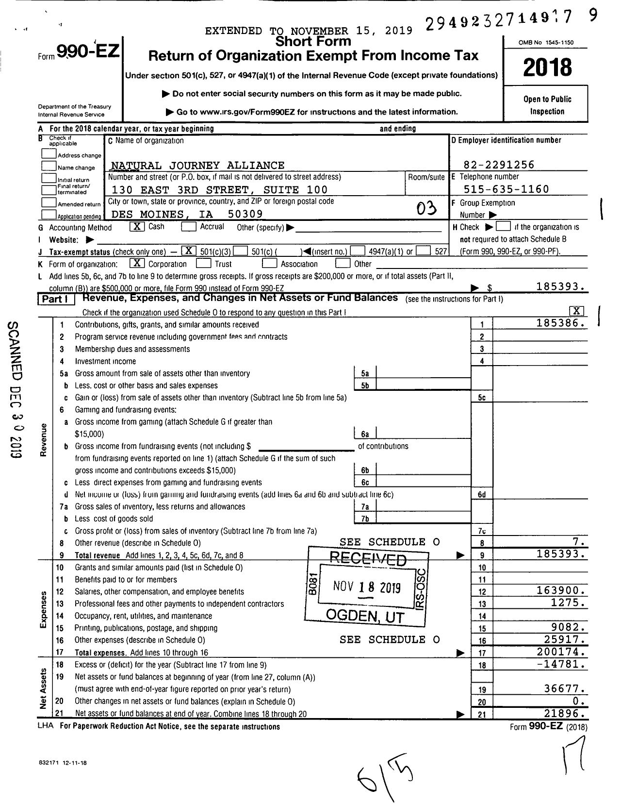 Image of first page of 2018 Form 990EZ for Natural Journey Alliance