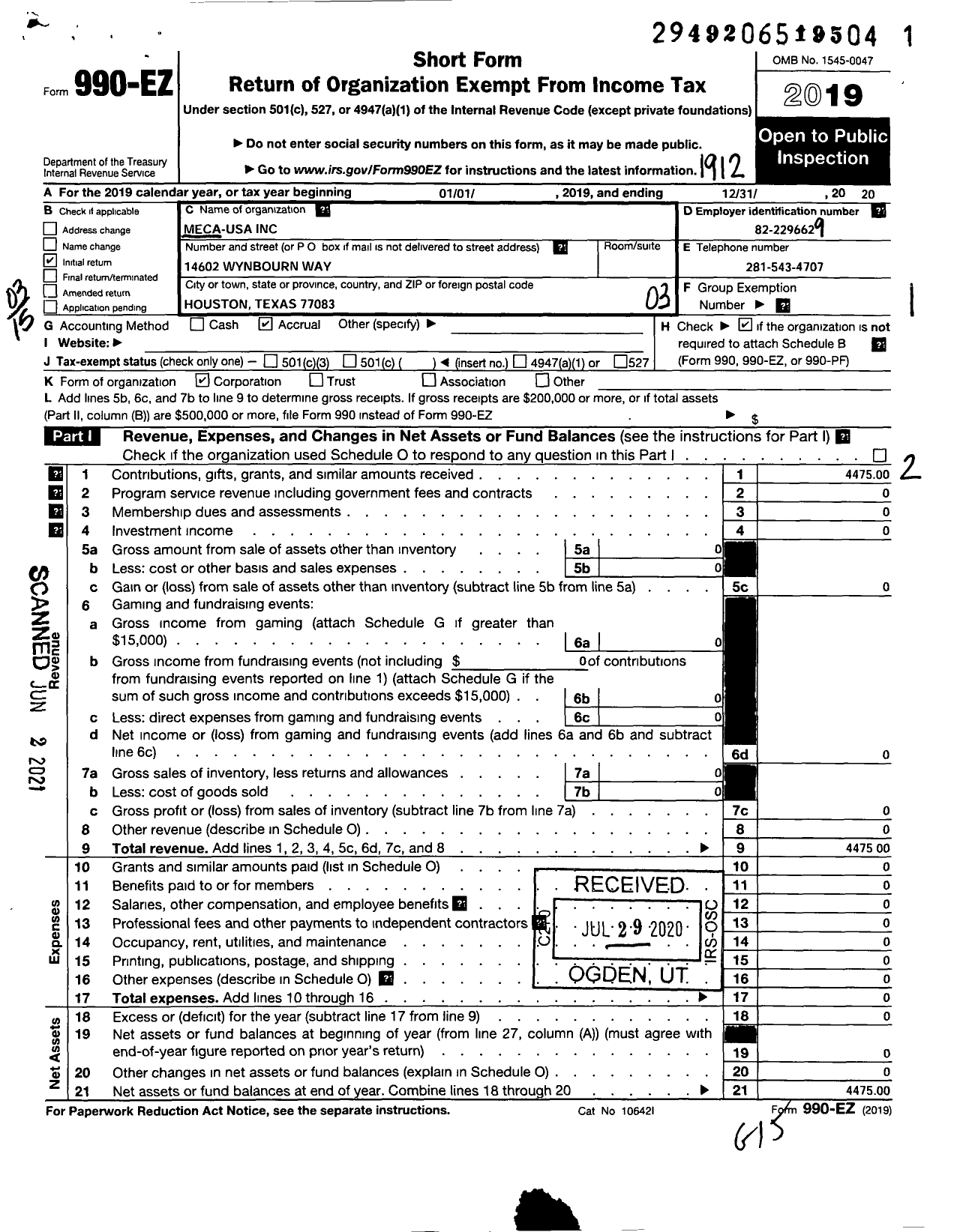 Image of first page of 2019 Form 990EZ for Meca USA