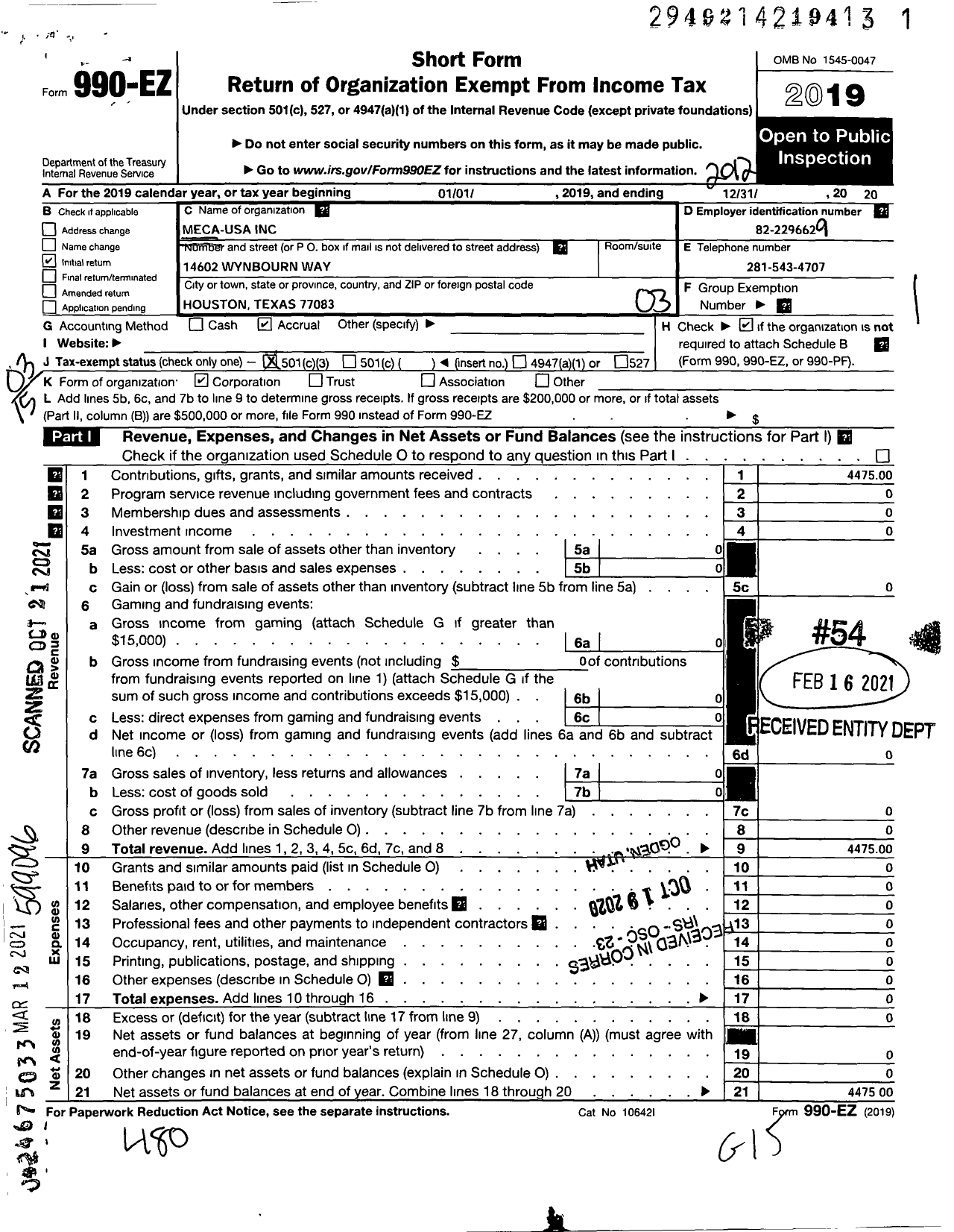 Image of first page of 2020 Form 990EZ for Meca USA