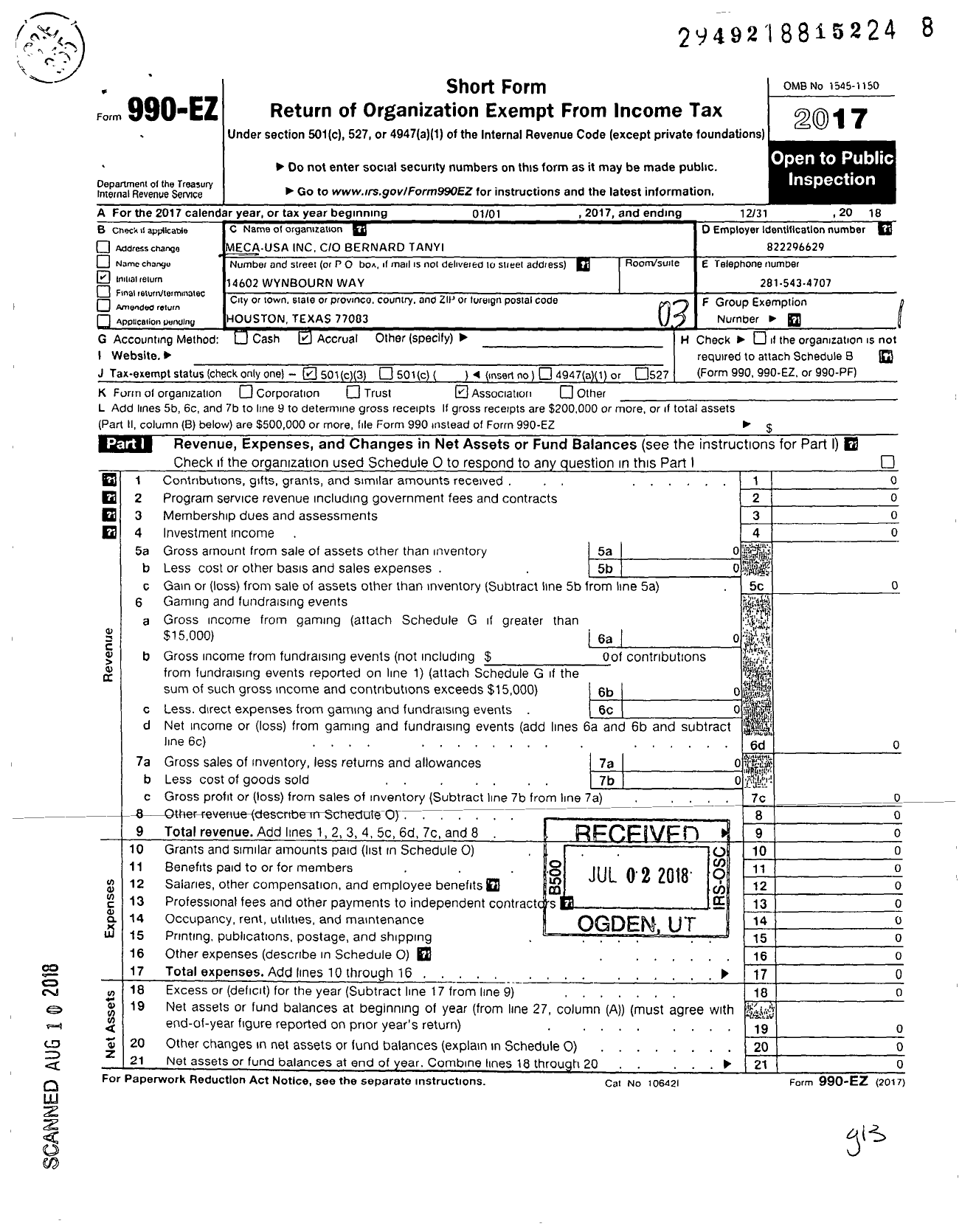 Image of first page of 2018 Form 990EZ for Meca USA