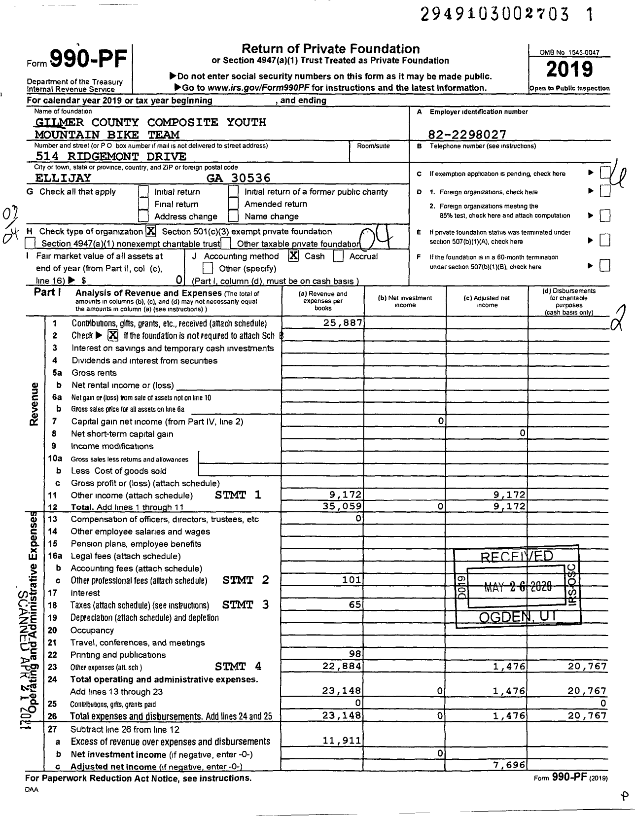 Image of first page of 2019 Form 990PF for Gilmer Cartecay Composite Youth Mountain Bike Team