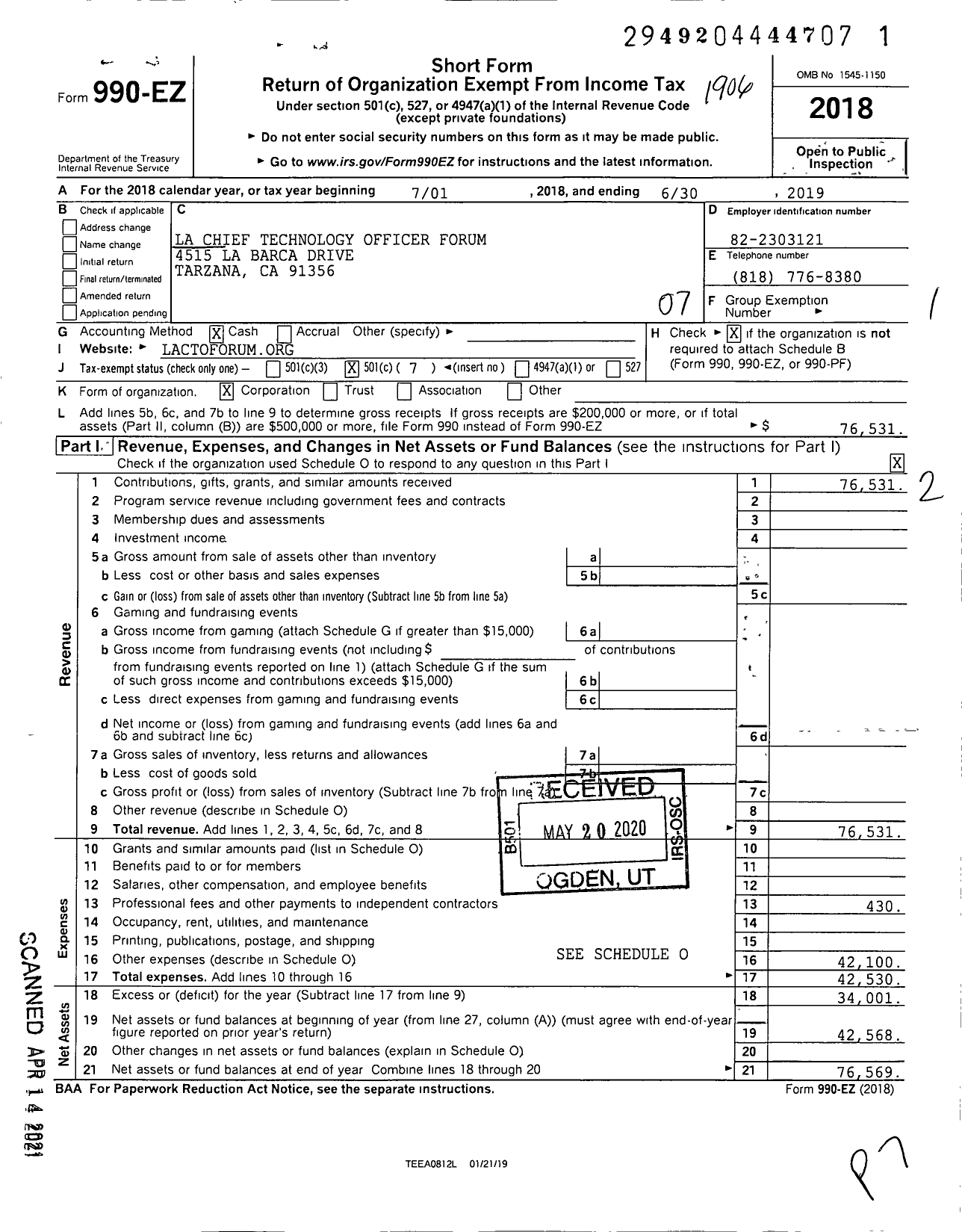 Image of first page of 2018 Form 990EO for LA Chief Technology Officer Forum