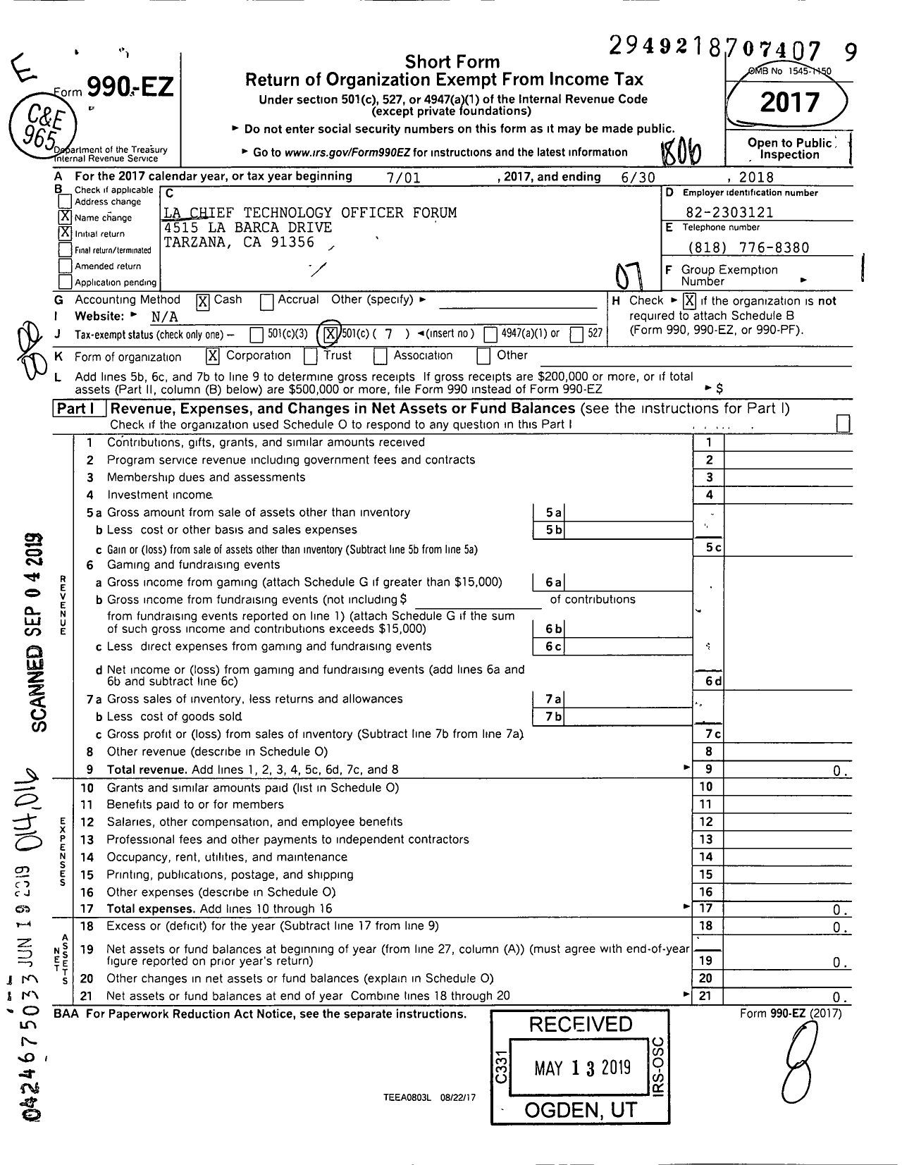 Image of first page of 2017 Form 990EO for LA Chief Technology Officer Forum