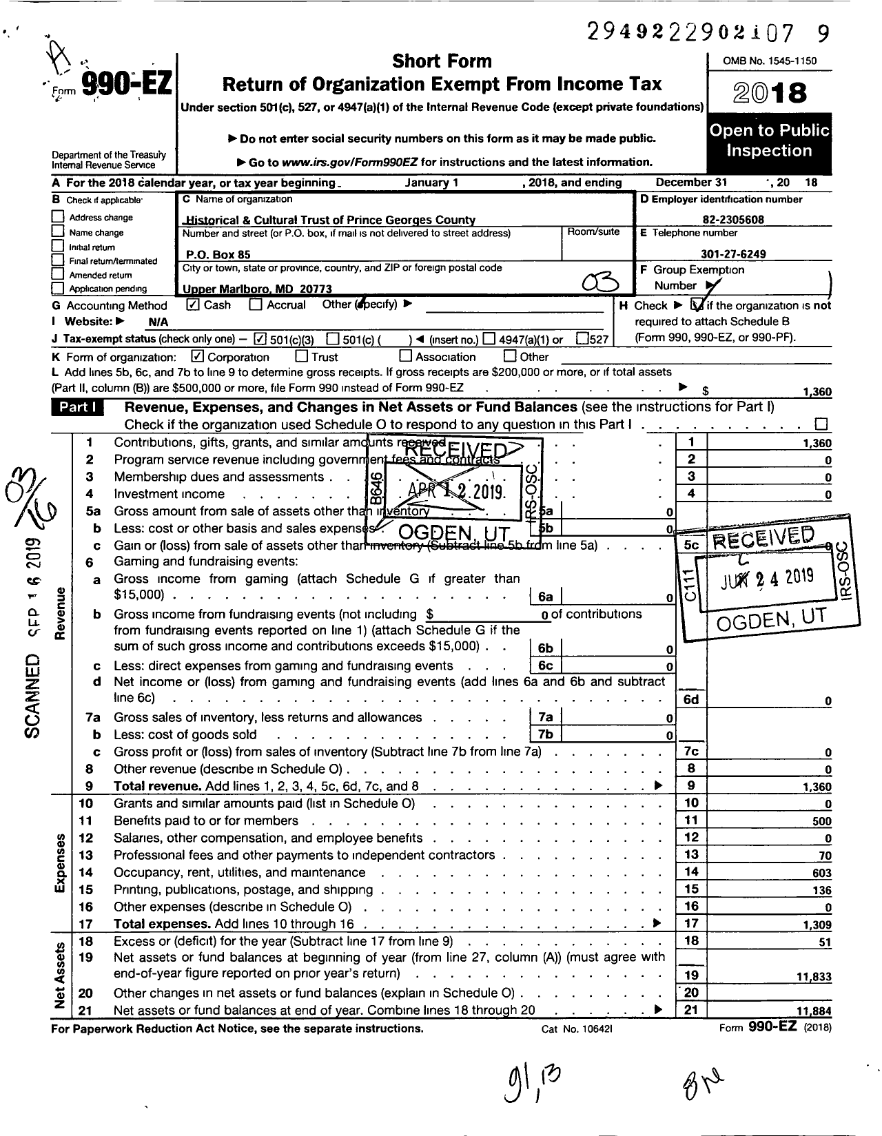 Image of first page of 2018 Form 990EZ for Historical and Cultural Trust of Prince Georges County