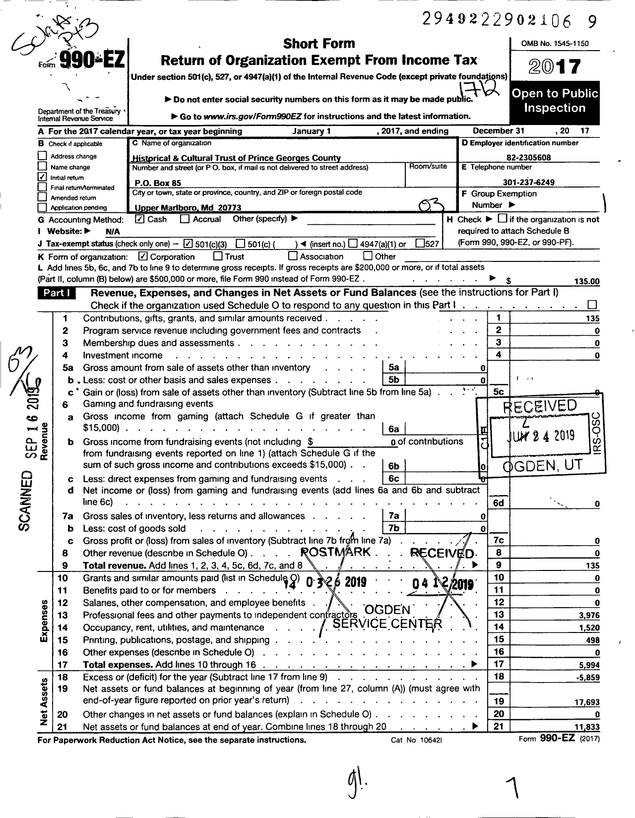 Image of first page of 2017 Form 990EZ for Historical and Cultural Trust of Prince Georges County