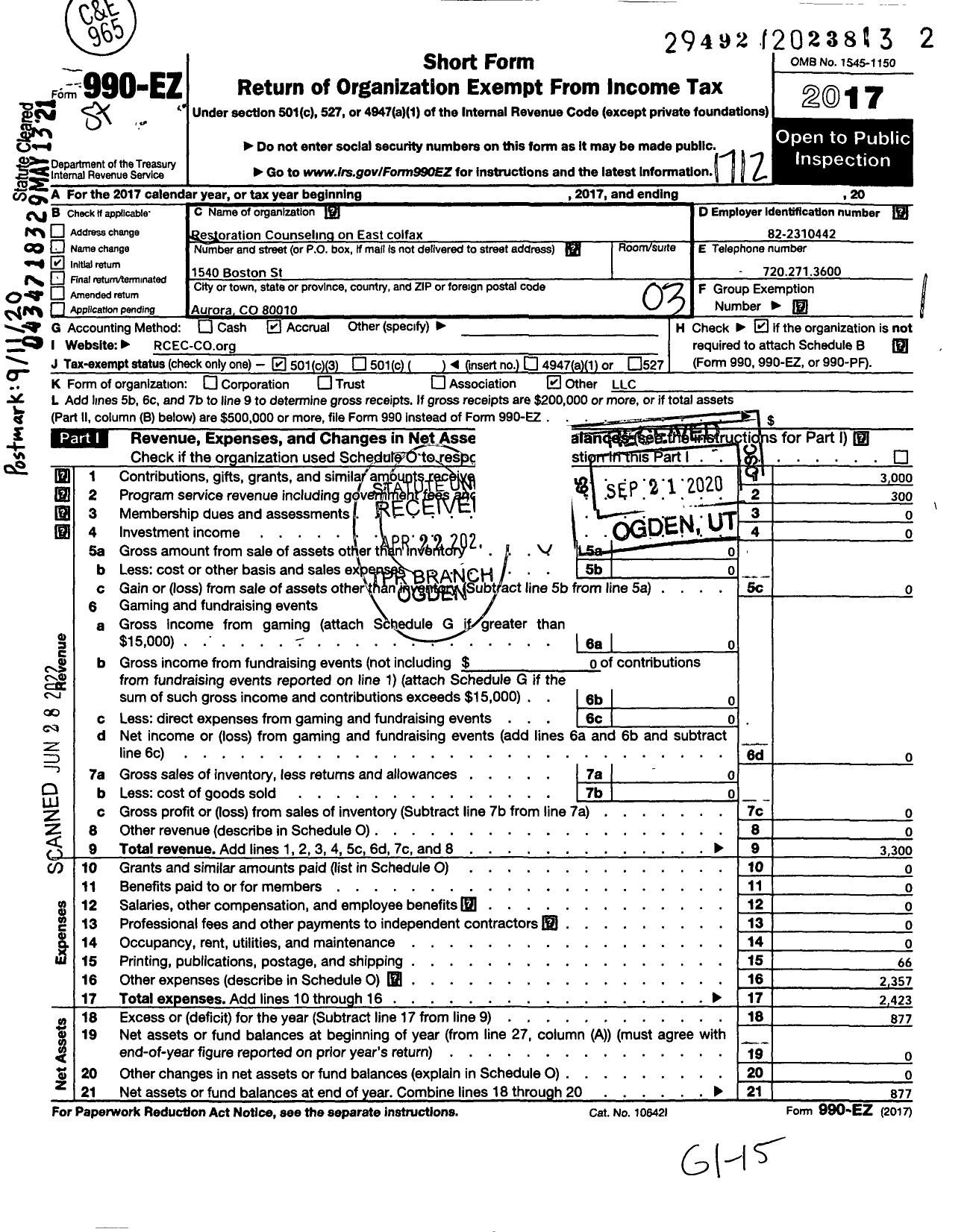 Image of first page of 2017 Form 990EZ for Restoration Counseling on East Colfax