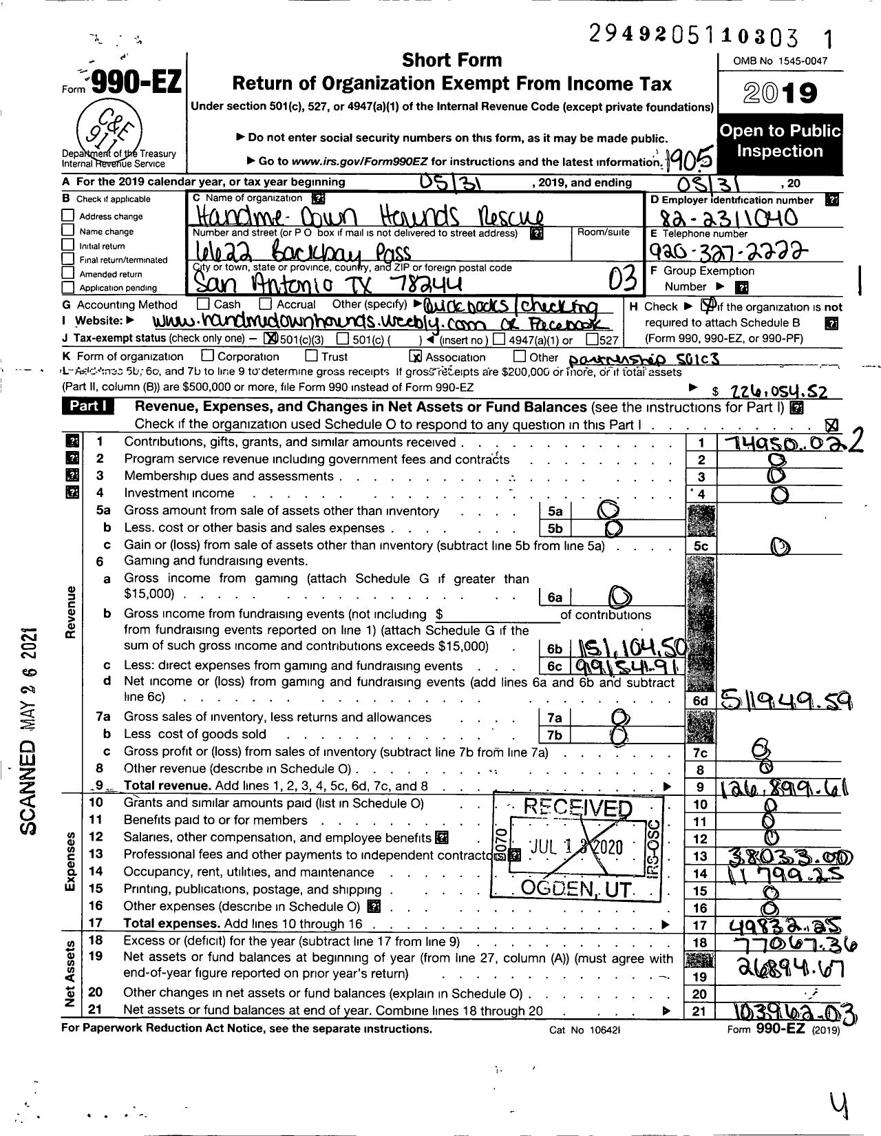 Image of first page of 2018 Form 990EZ for Handme-Down Hounds Rescue