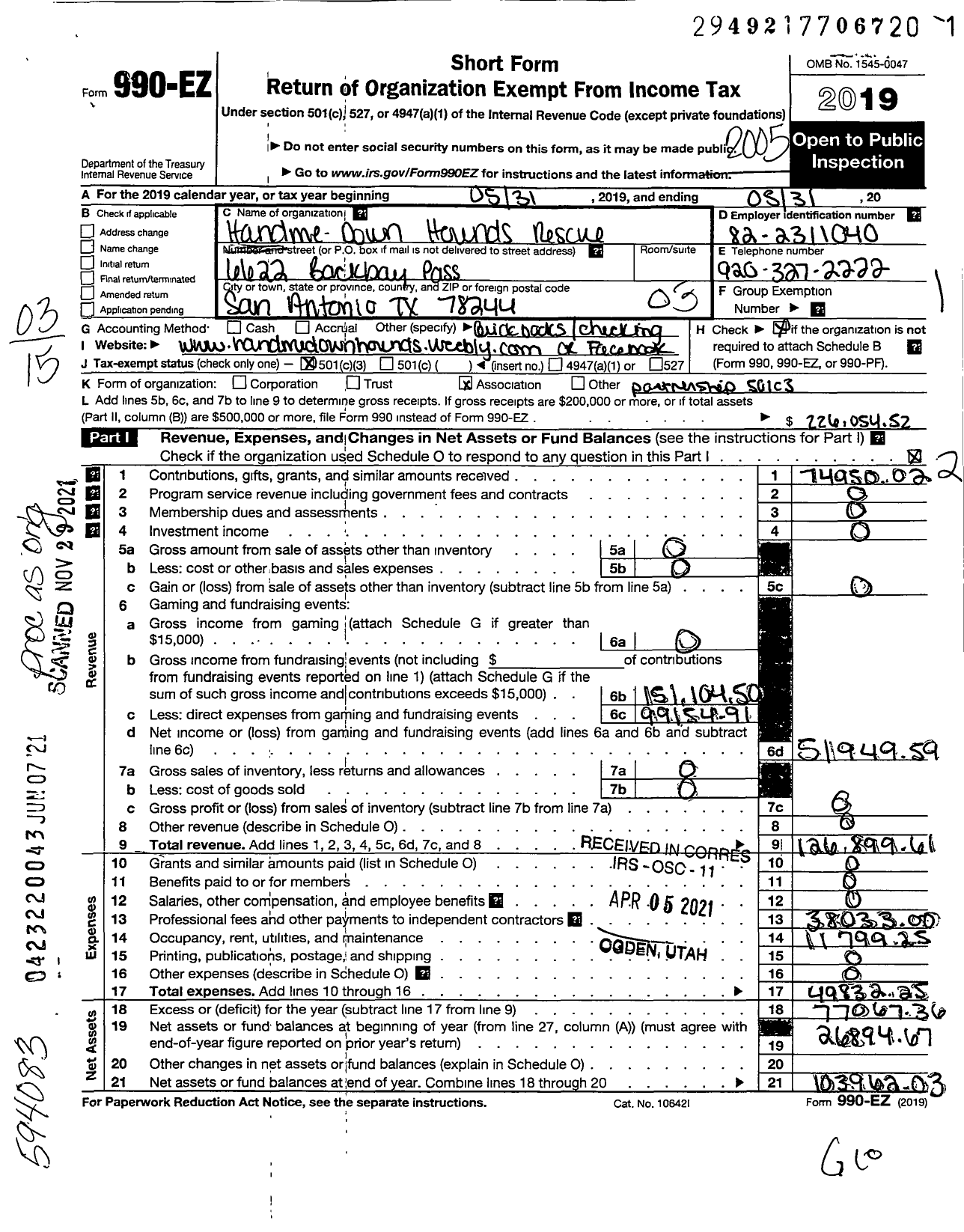 Image of first page of 2019 Form 990EZ for Handme-Down Hounds Rescue