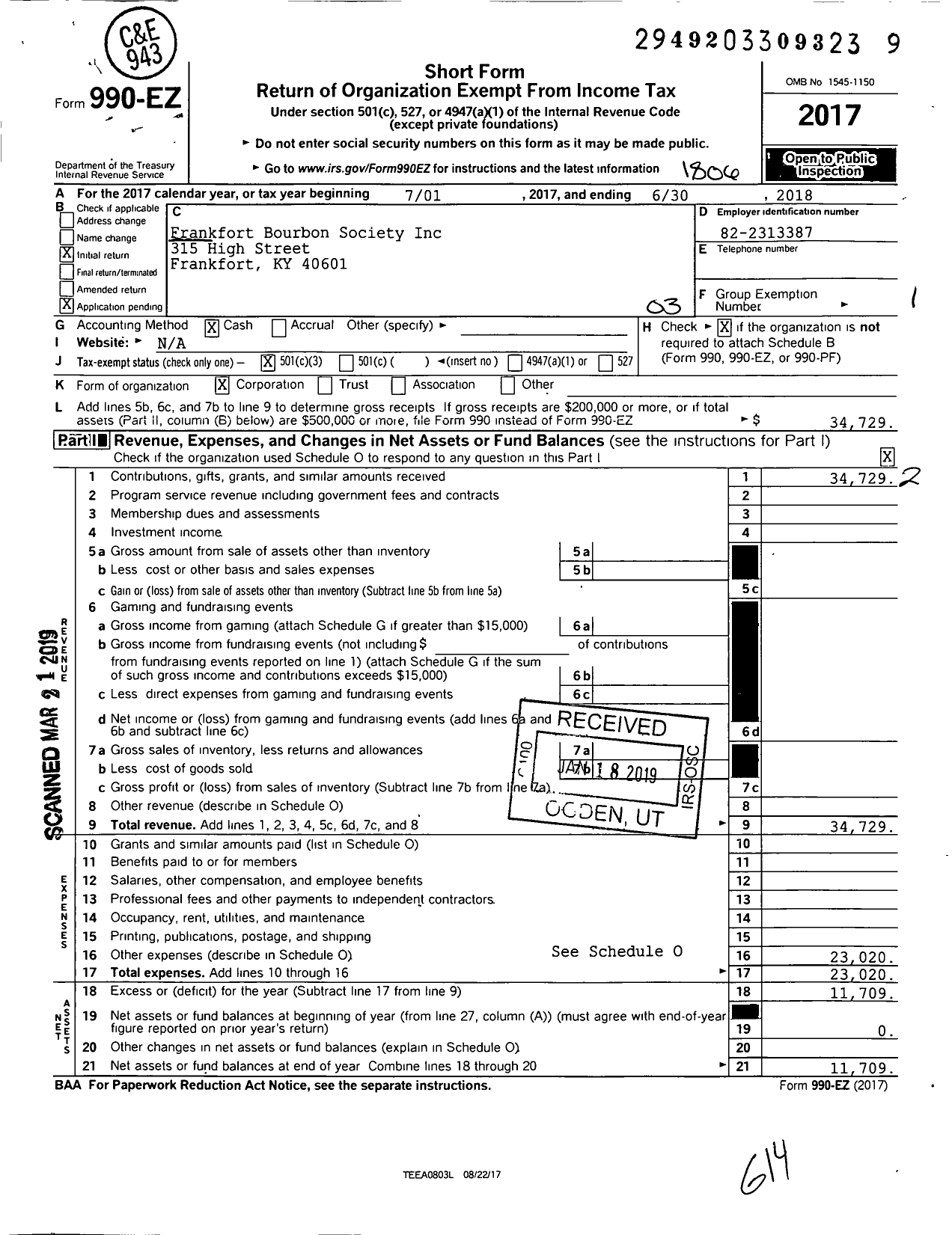 Image of first page of 2017 Form 990EZ for Frankfort Bourbon Society