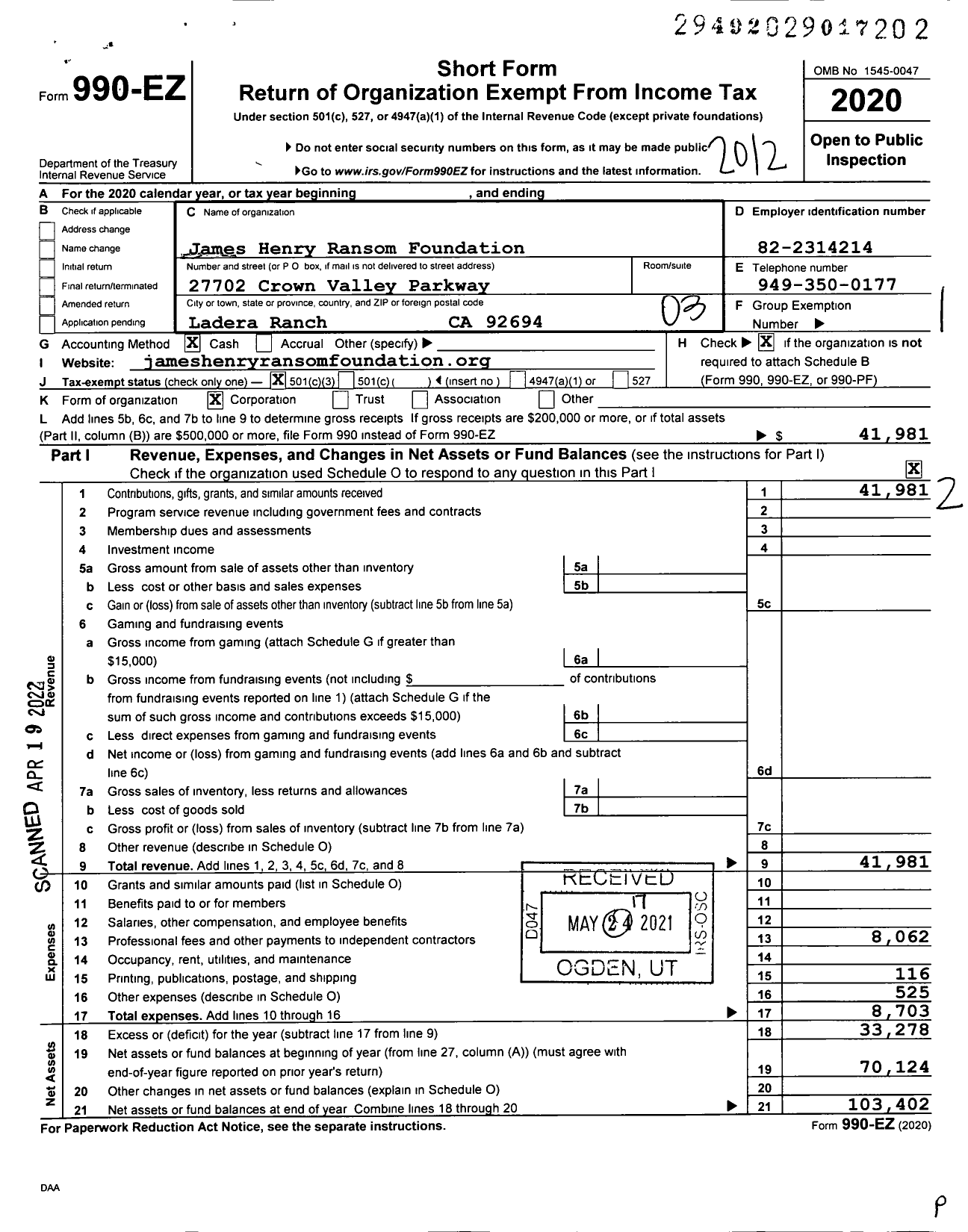 Image of first page of 2020 Form 990EZ for James Henry Ransom Foundation