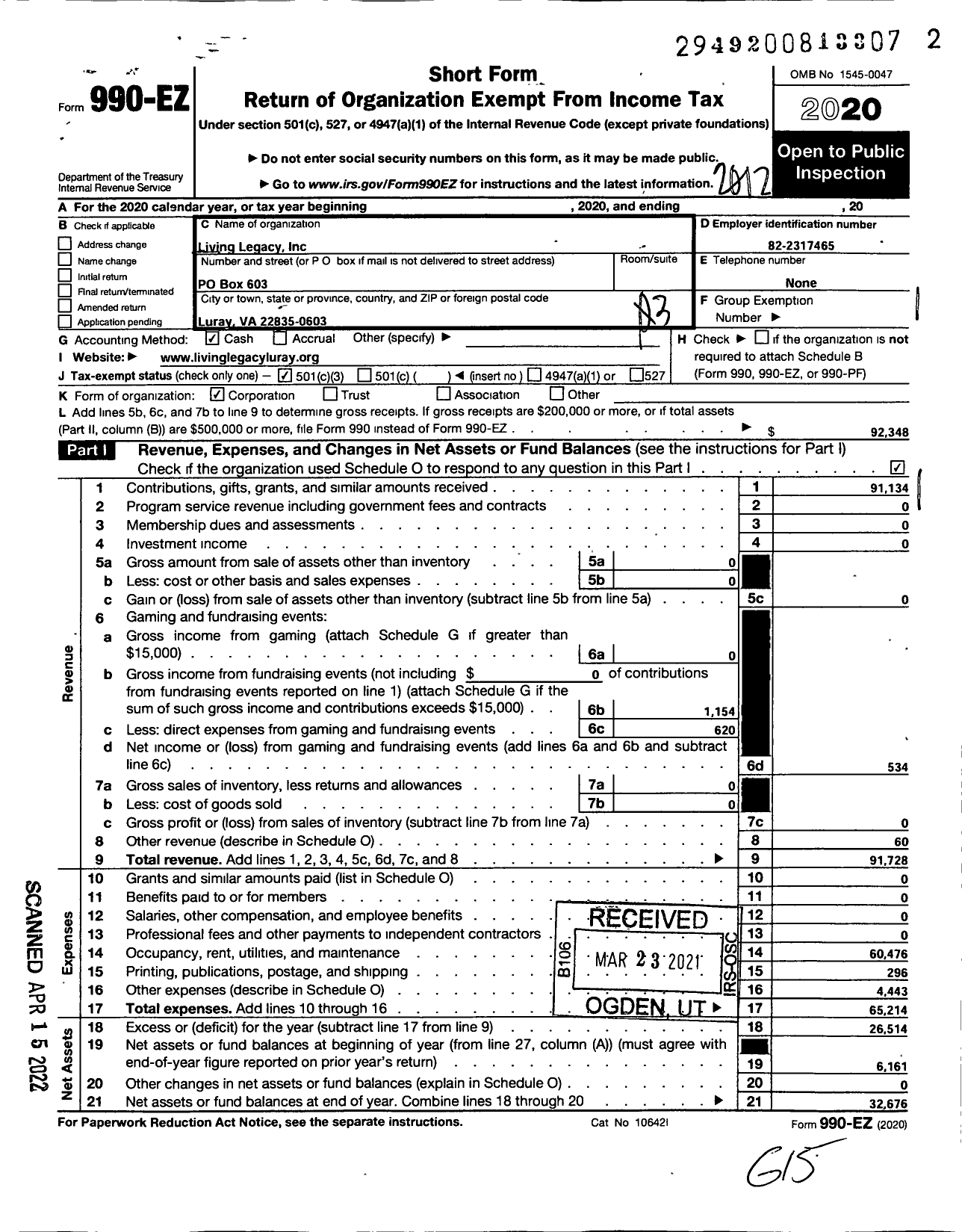 Image of first page of 2020 Form 990EZ for Living Legacy