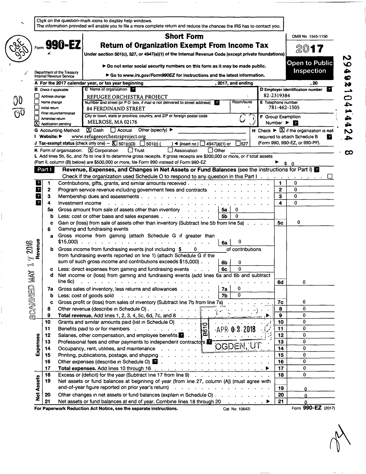 Image of first page of 2017 Form 990EO for Refugee Orchestra Project