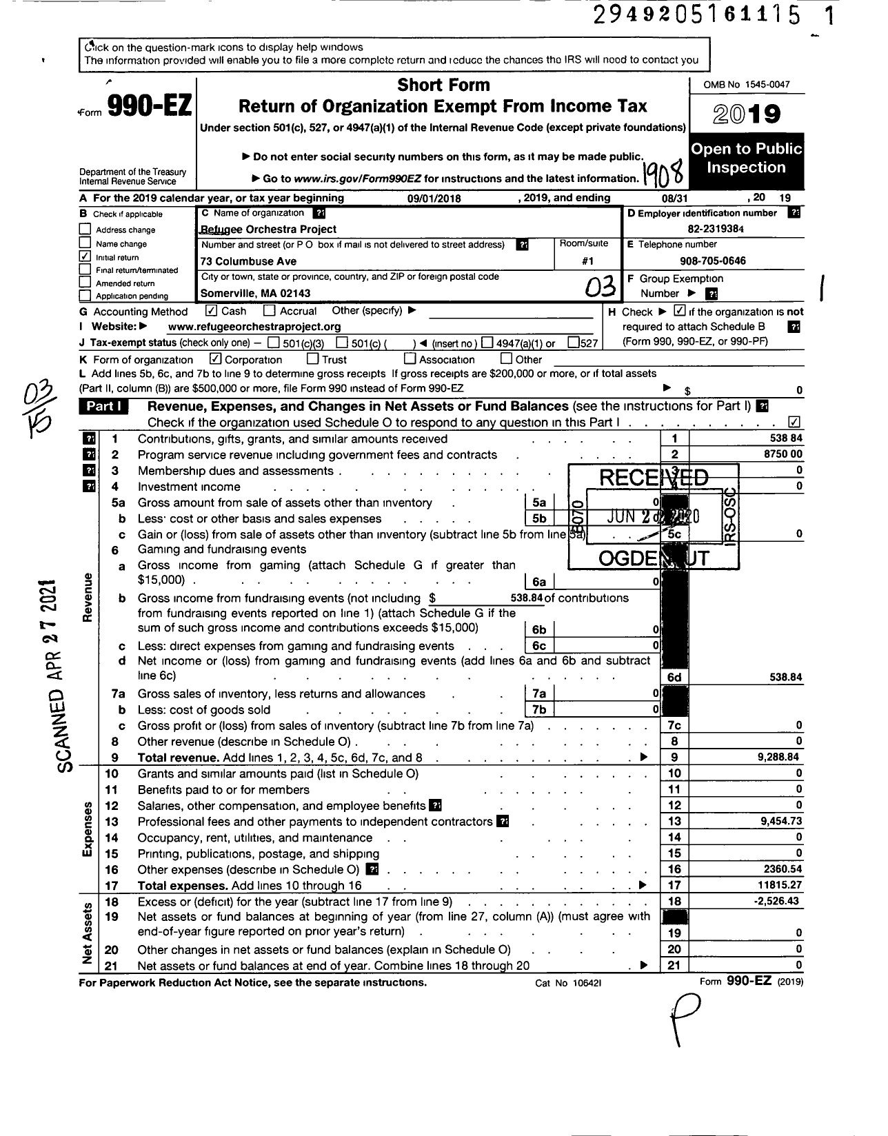 Image of first page of 2018 Form 990EZ for Refugee Orchestra Project