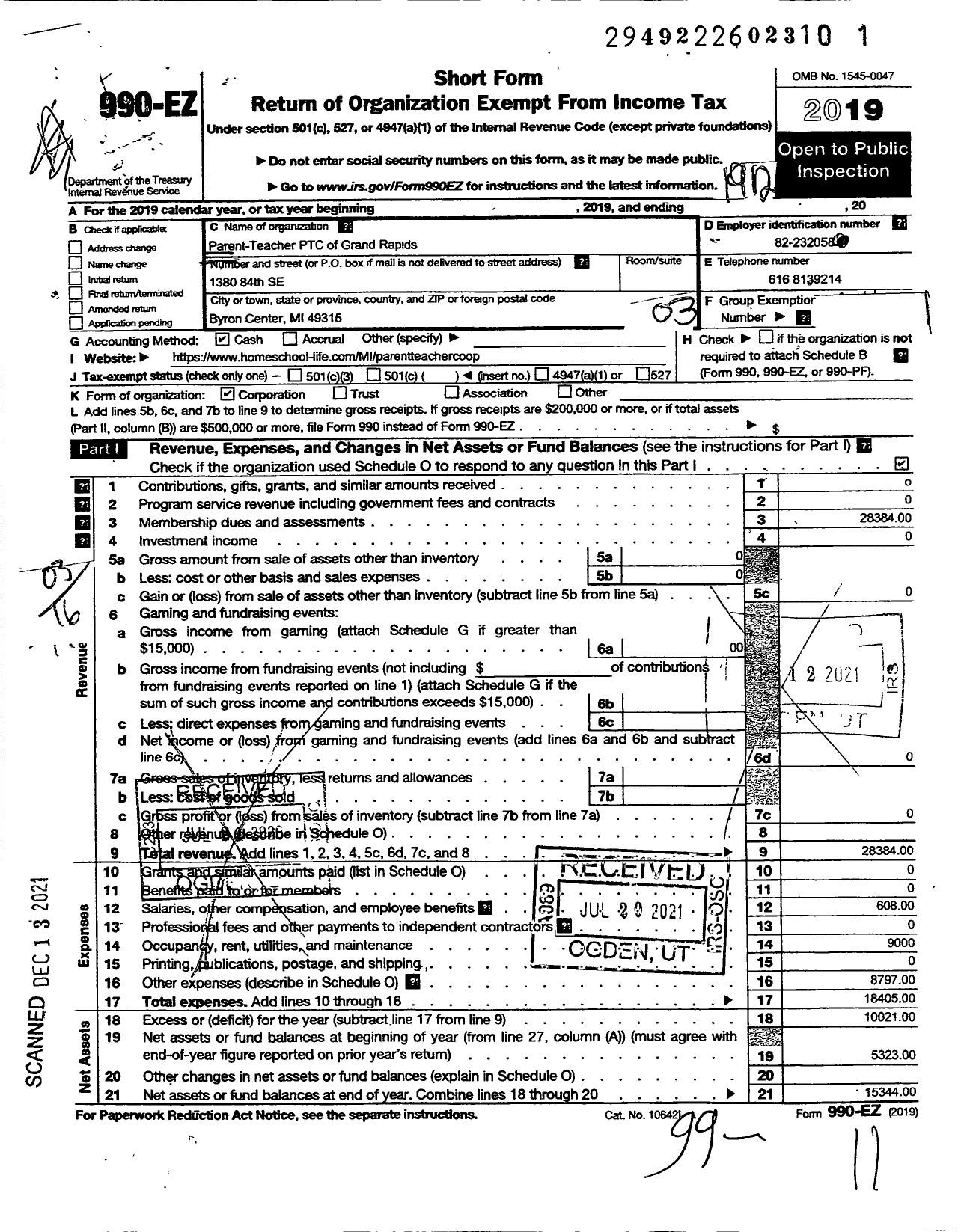 Image of first page of 2019 Form 990EZ for Parent-Teacher Co-Op of Grand Rapids