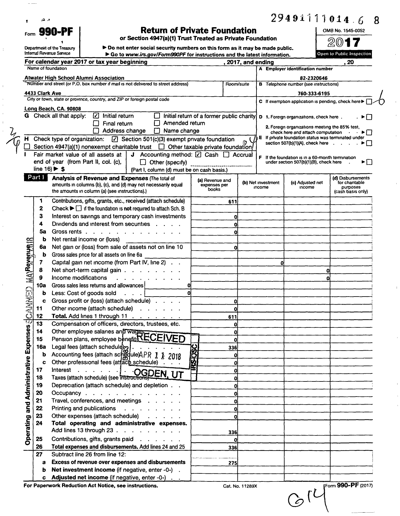 Image of first page of 2017 Form 990PF for Atwater High School Alumni Association