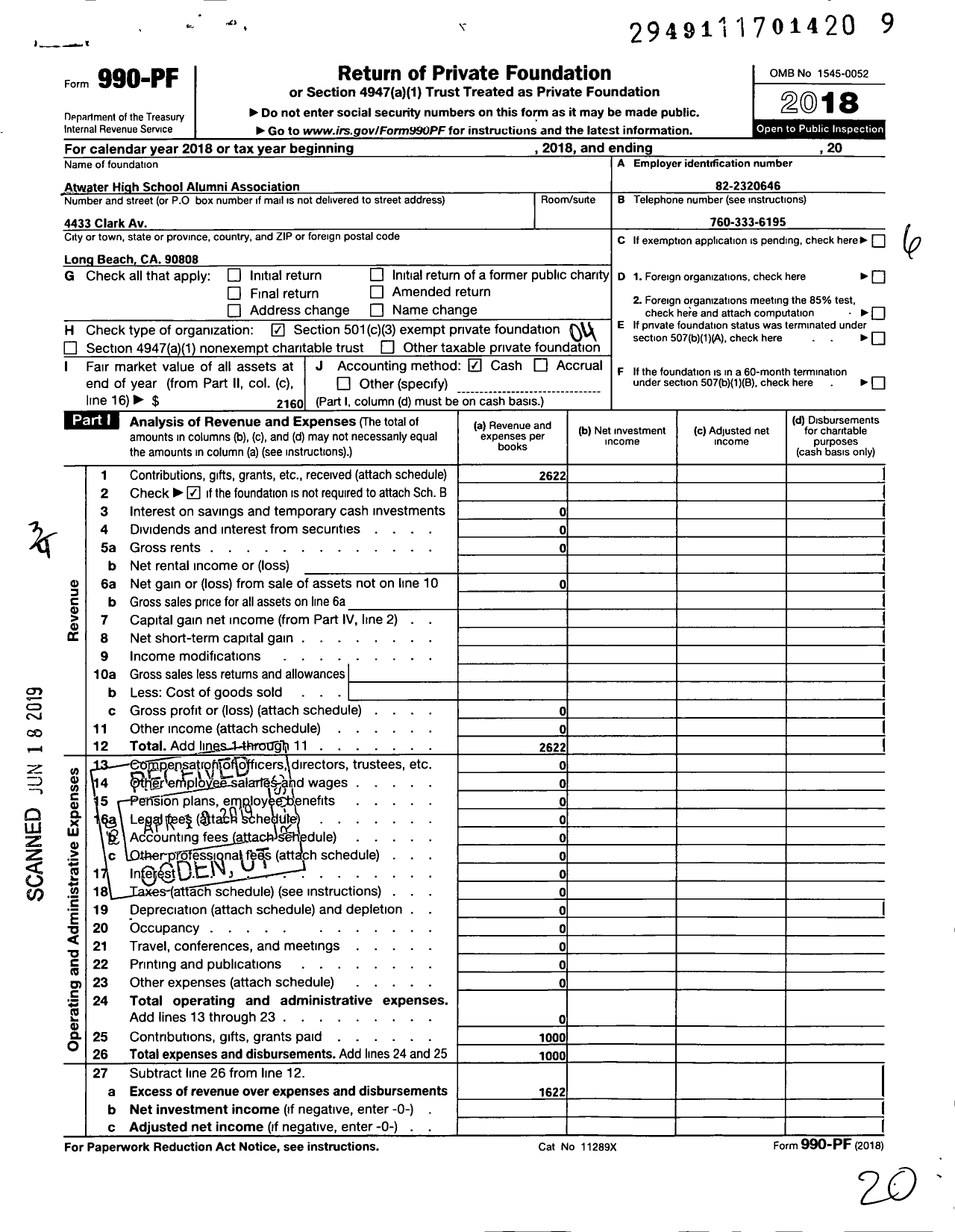 Image of first page of 2018 Form 990PF for Atwater High School Alumni Association