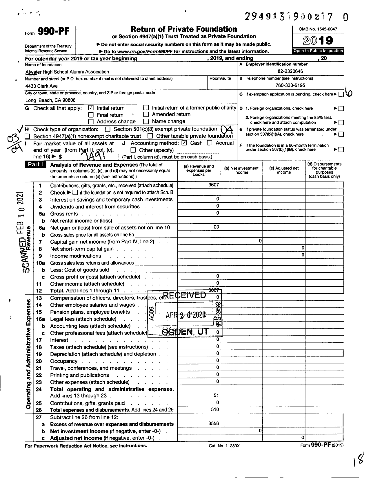 Image of first page of 2019 Form 990PF for Atwater High School Alumni Association