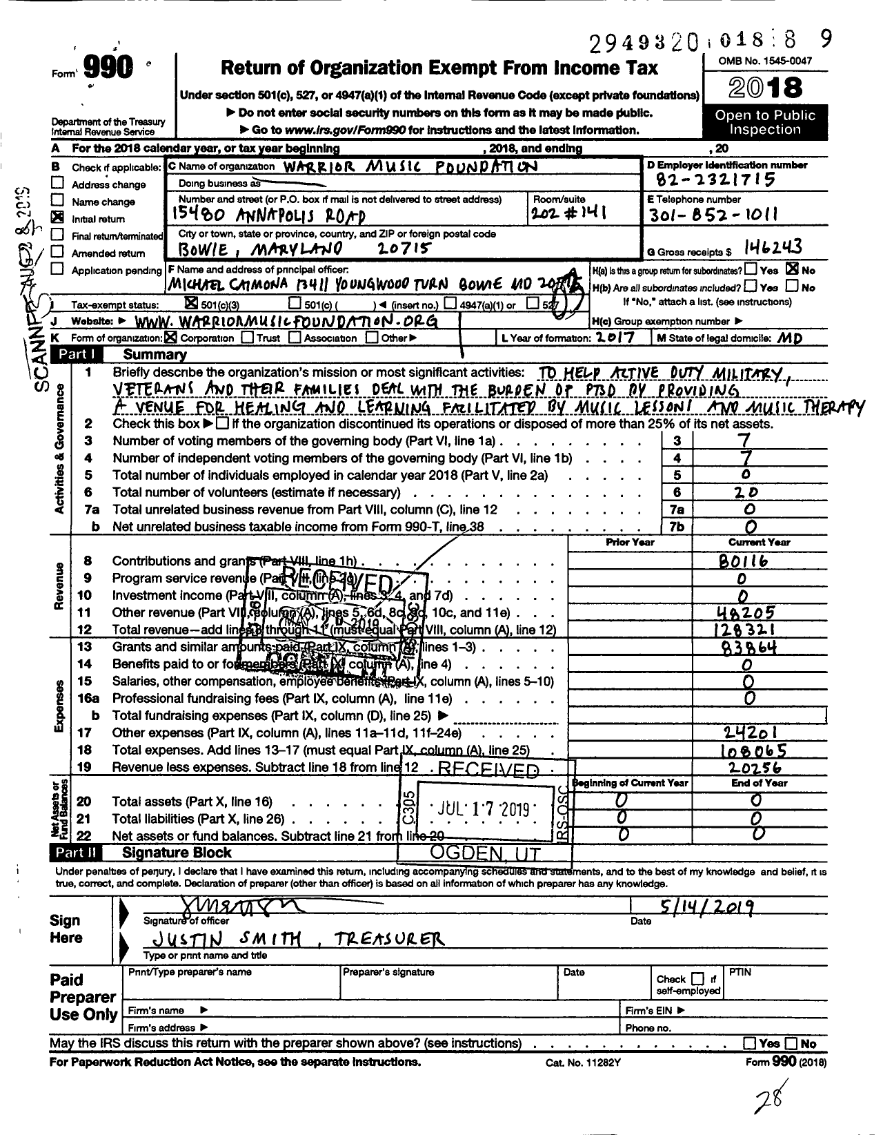 Image of first page of 2018 Form 990 for Warrior Music Foundation
