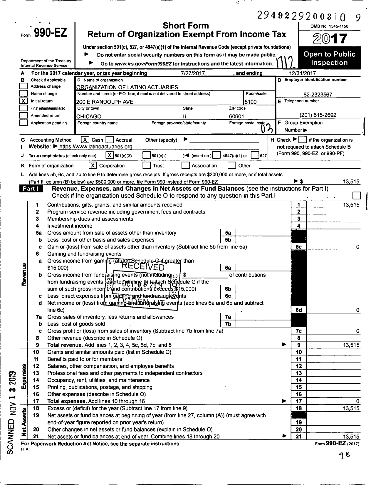 Image of first page of 2017 Form 990EZ for Organization of Latino Actuaries