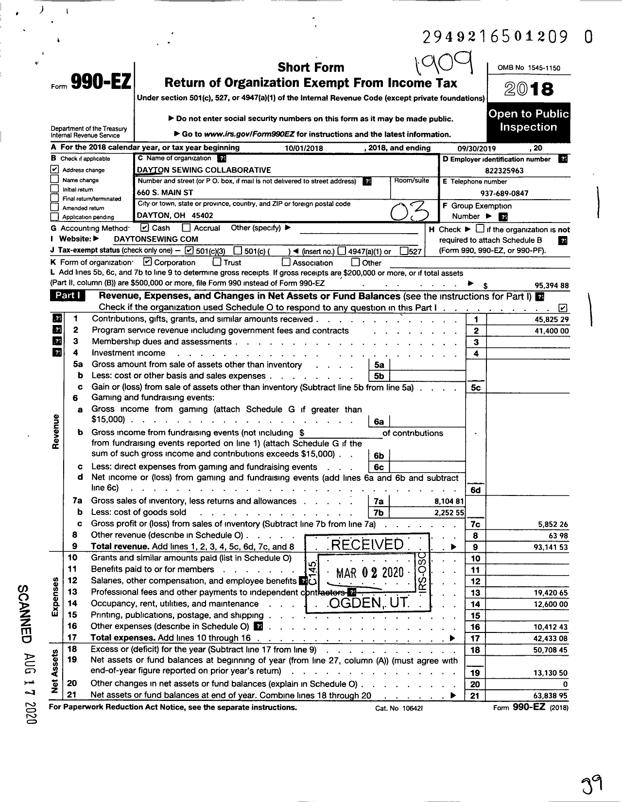 Image of first page of 2018 Form 990EZ for Dayton Sewing Collaborative