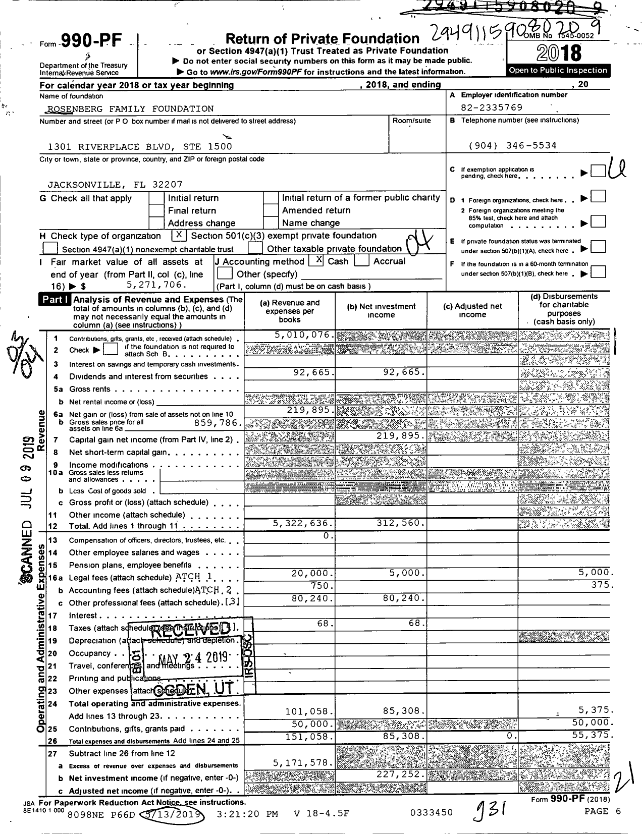 Image of first page of 2018 Form 990PF for Rosenberg Family Foundation