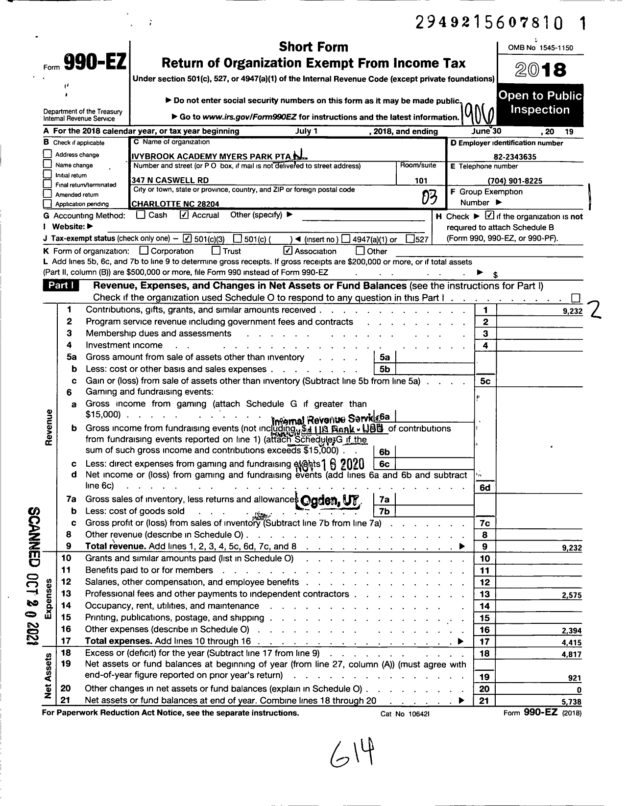 Image of first page of 2018 Form 990EZ for North Carolina PTA - Ivybrook Academy at Myers Park PTA