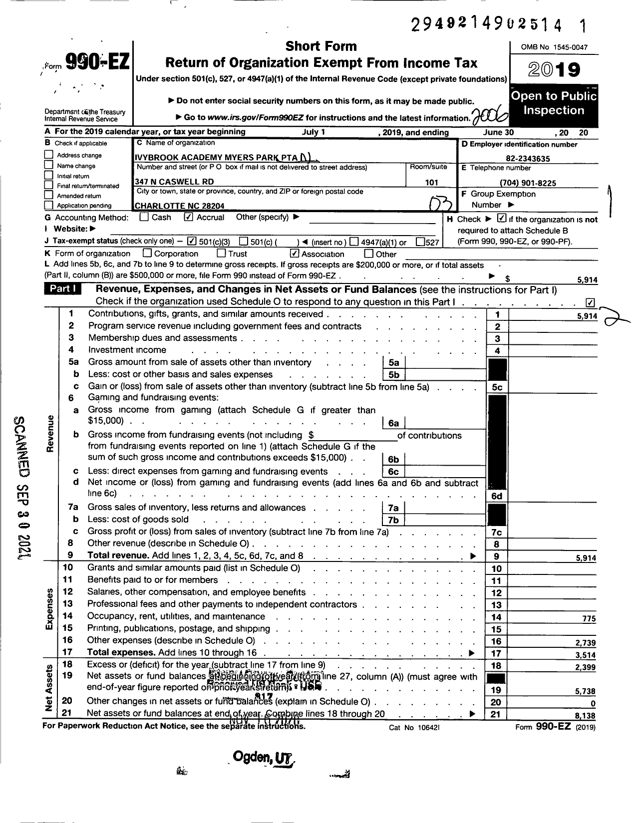 Image of first page of 2019 Form 990EZ for North Carolina PTA - Ivybrook Academy at Myers Park PTA