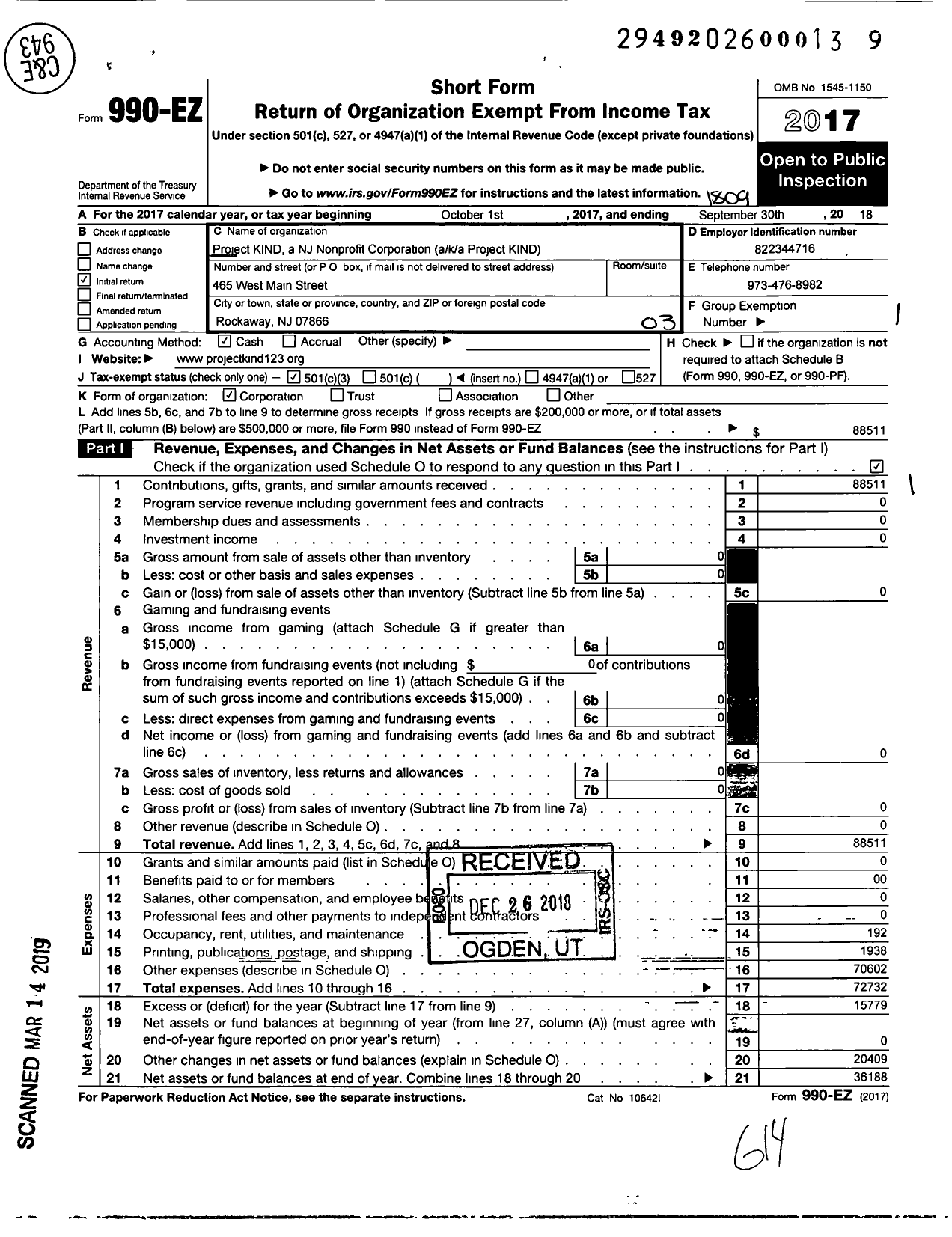 Image of first page of 2017 Form 990EZ for Project Kind