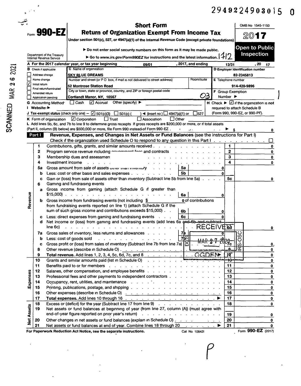 Image of first page of 2017 Form 990EZ for Sky Blue Dreams