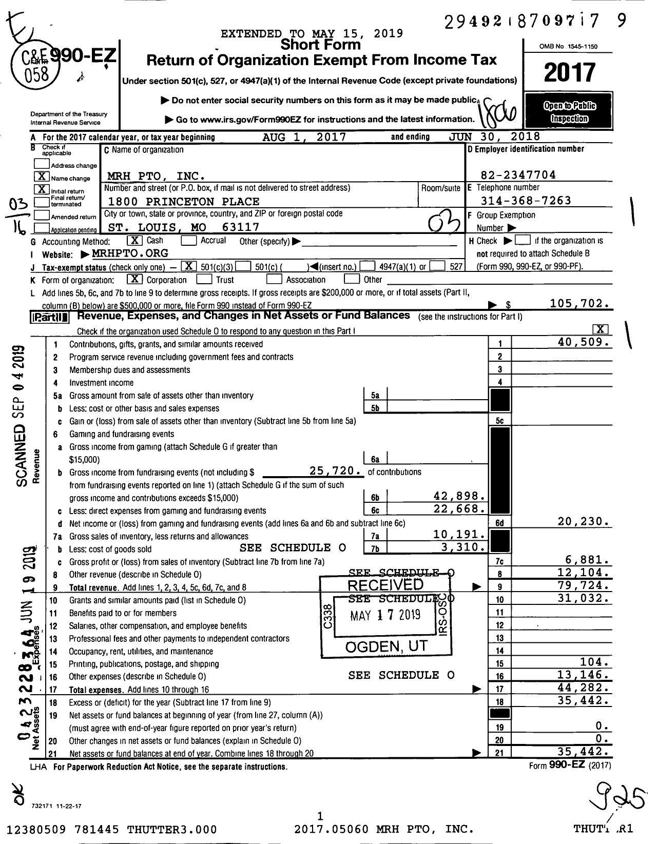 Image of first page of 2017 Form 990EZ for MRH Pto