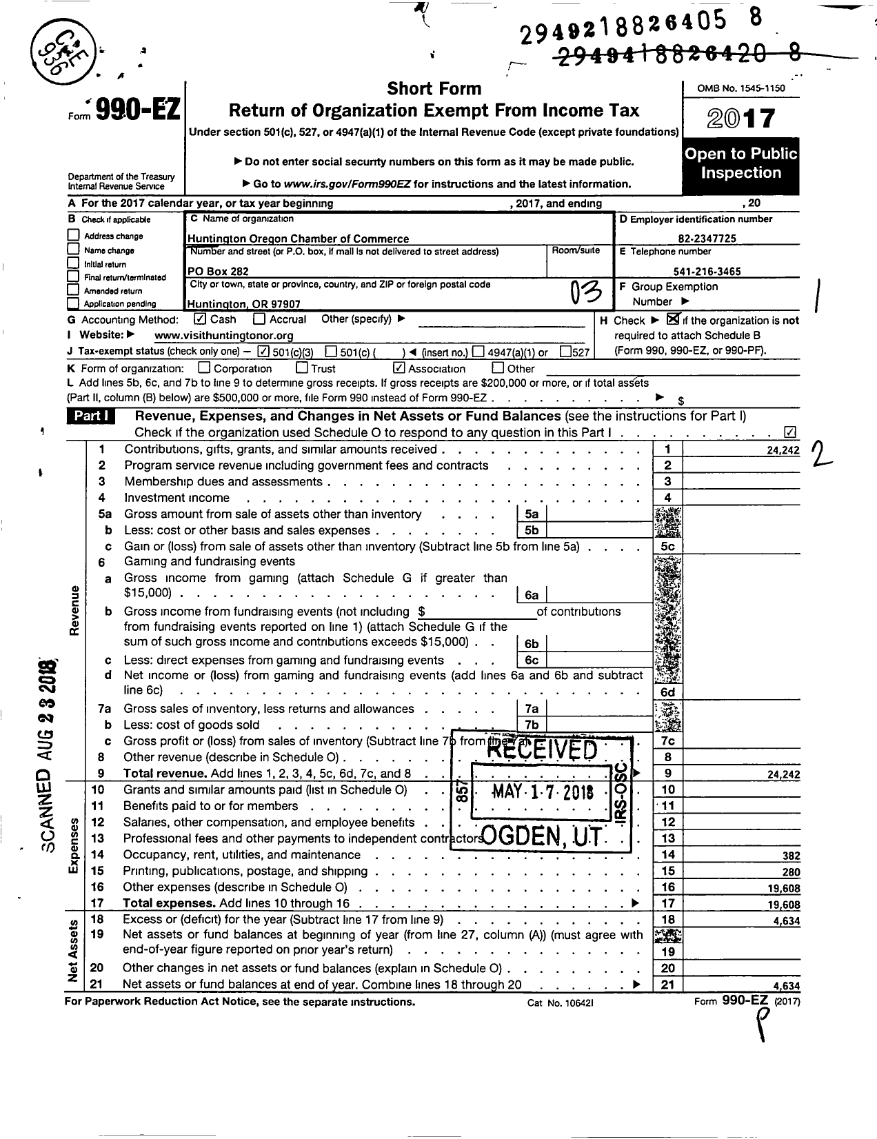 Image of first page of 2017 Form 990EZ for Huntington Oregon Chamber of Commerce