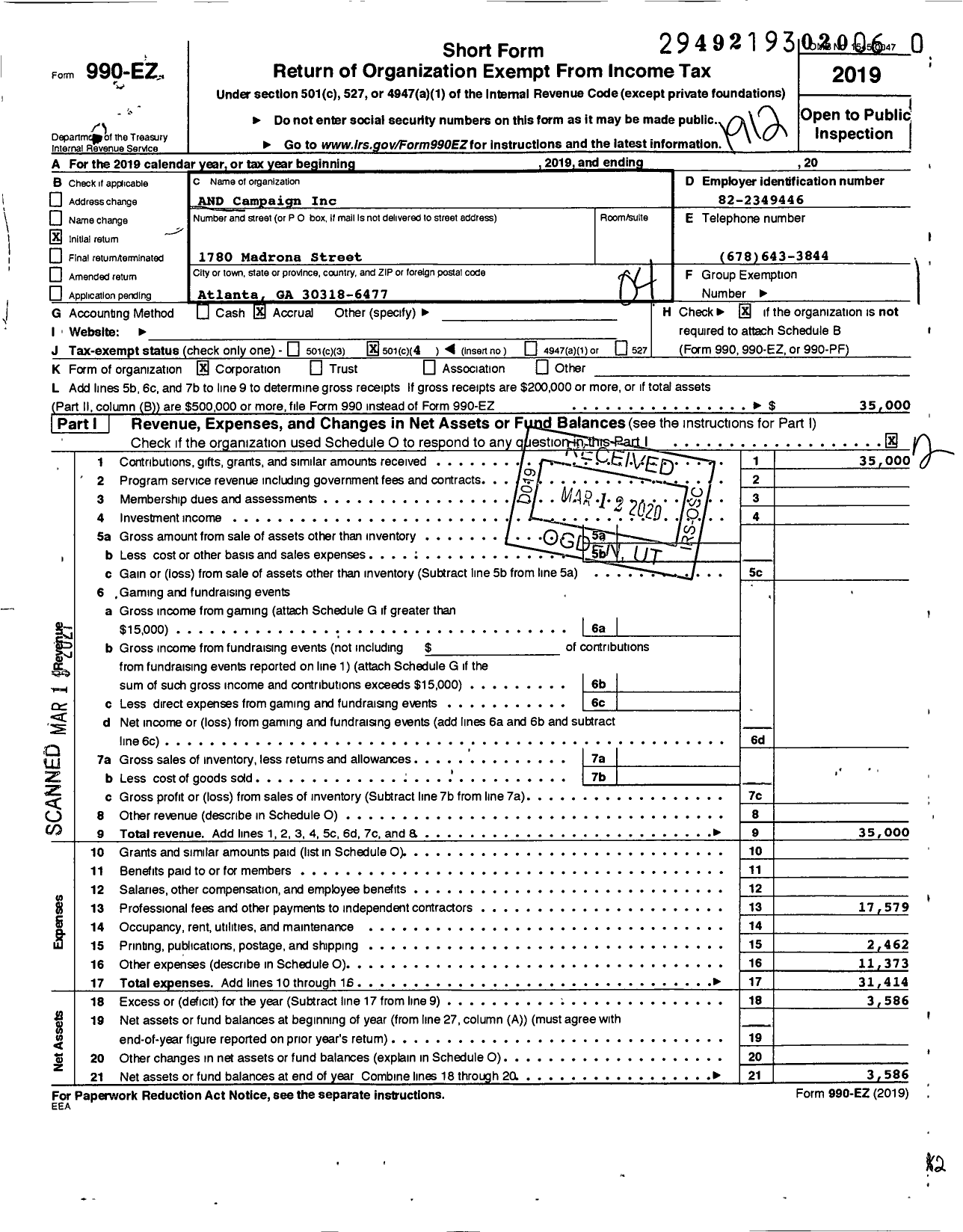 Image of first page of 2019 Form 990EO for AND Campaign