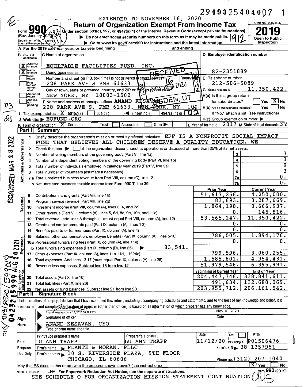 Image of first page of 2019 Form 990 for Equitable Facilities Fund