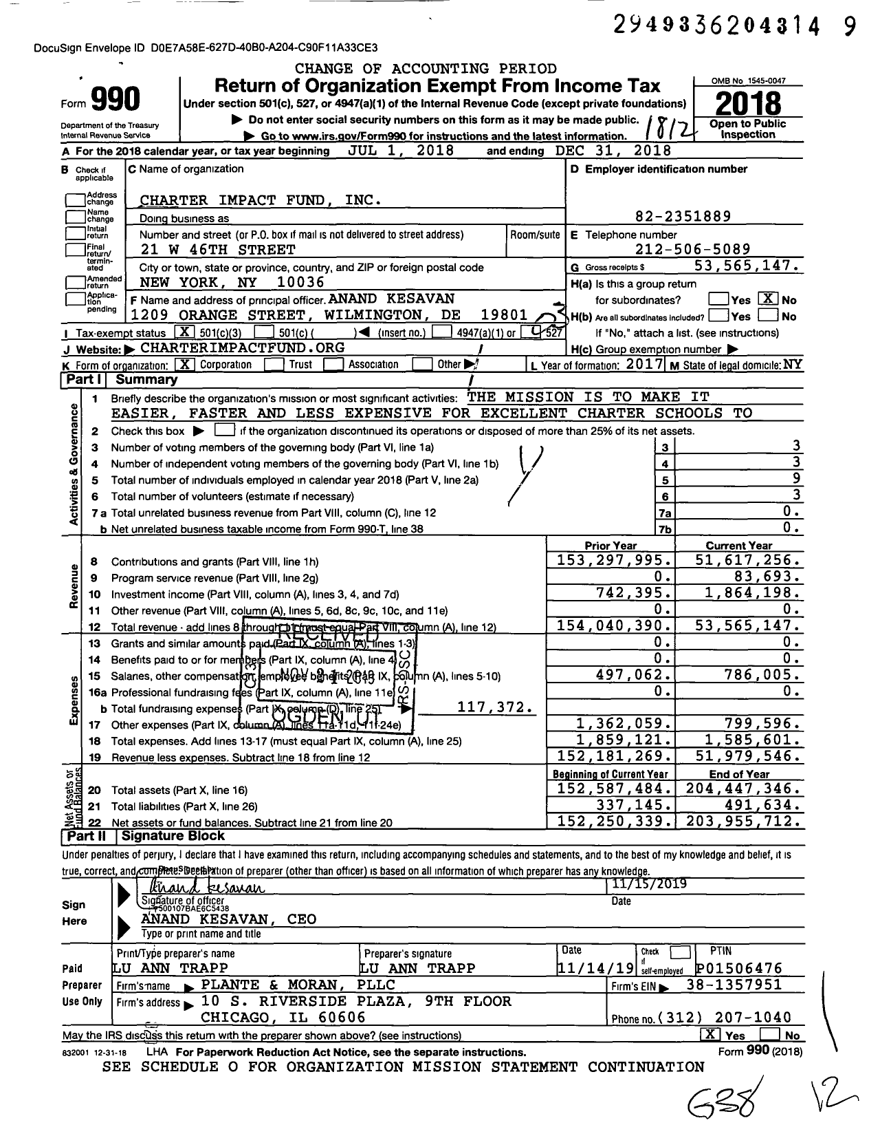 Image of first page of 2018 Form 990 for Equitable Facilities Fund