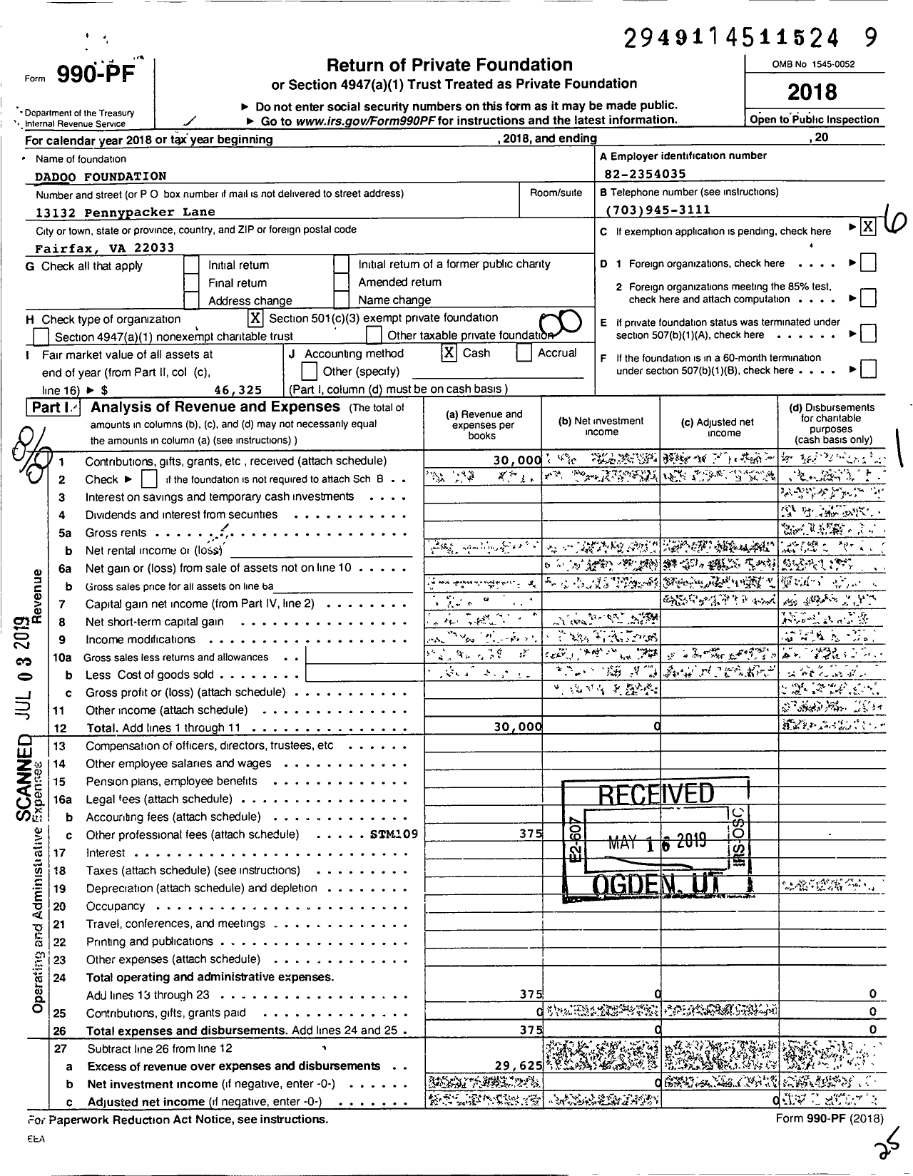 Image of first page of 2018 Form 990PF for Dadoo Foundation