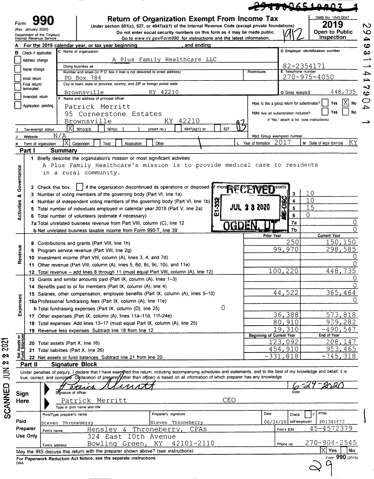 Image of first page of 2019 Form 990 for A Plus Family Healthcare LLC