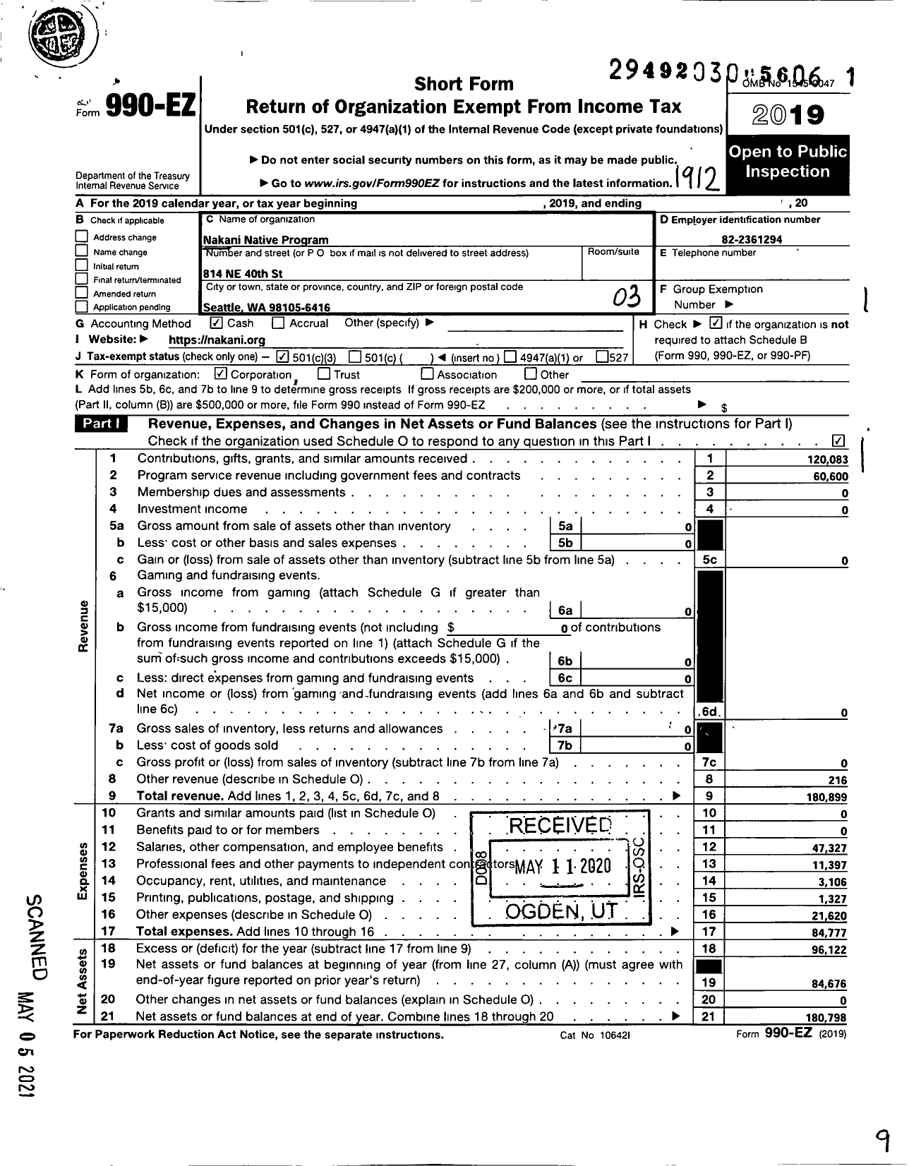 Image of first page of 2019 Form 990EZ for Nakani Native Program