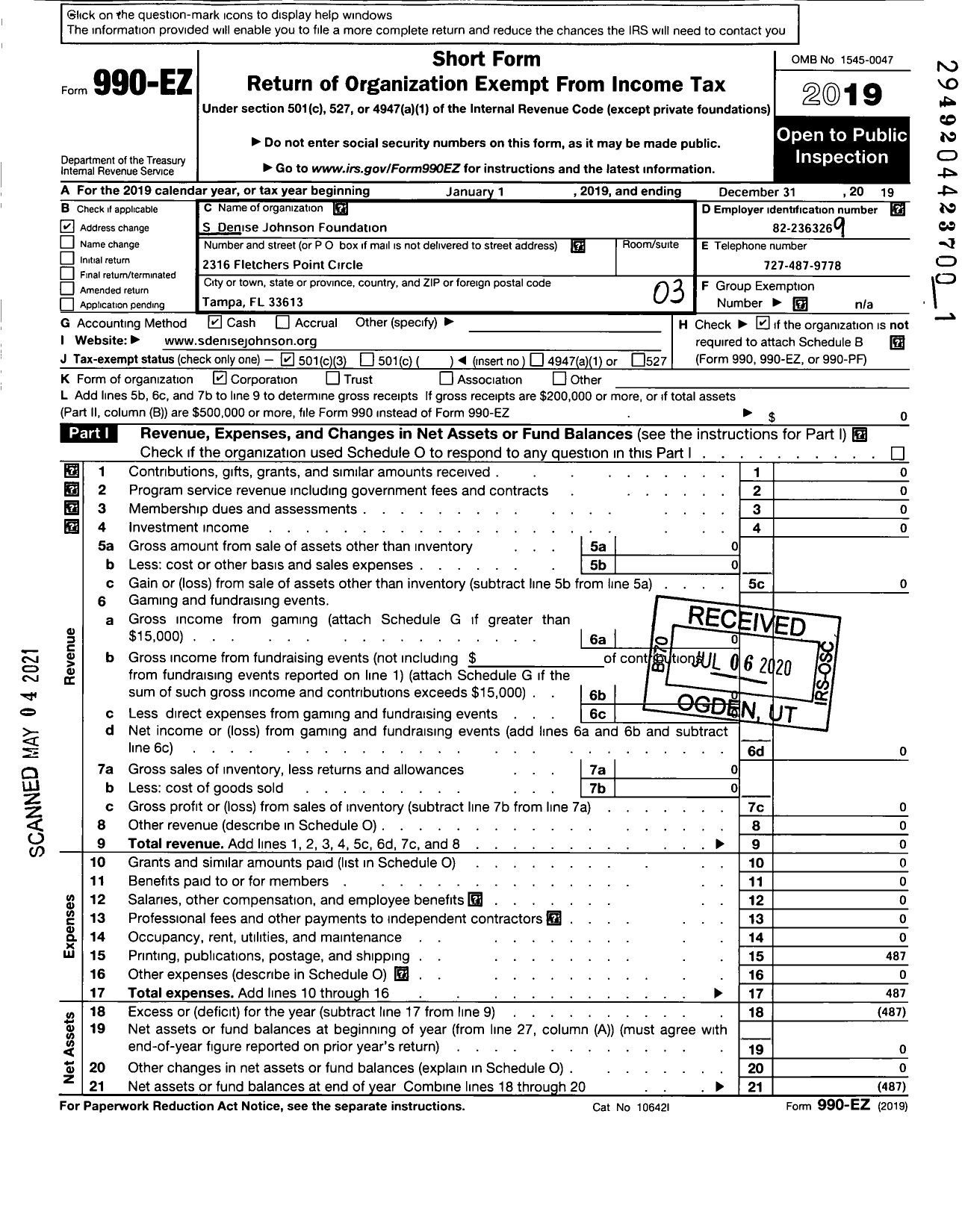 Image of first page of 2019 Form 990EZ for S Denise Johnson Foundation Incorporated Fire Fund