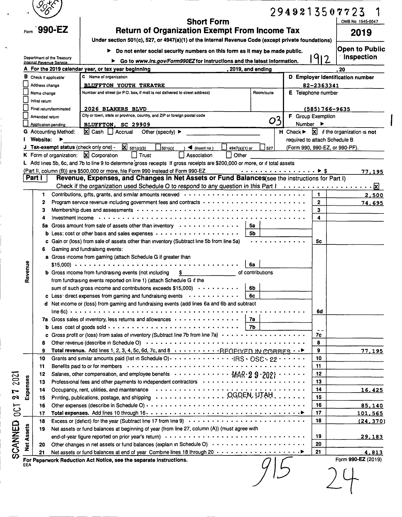 Image of first page of 2019 Form 990 for Bluffton Youth Theatre