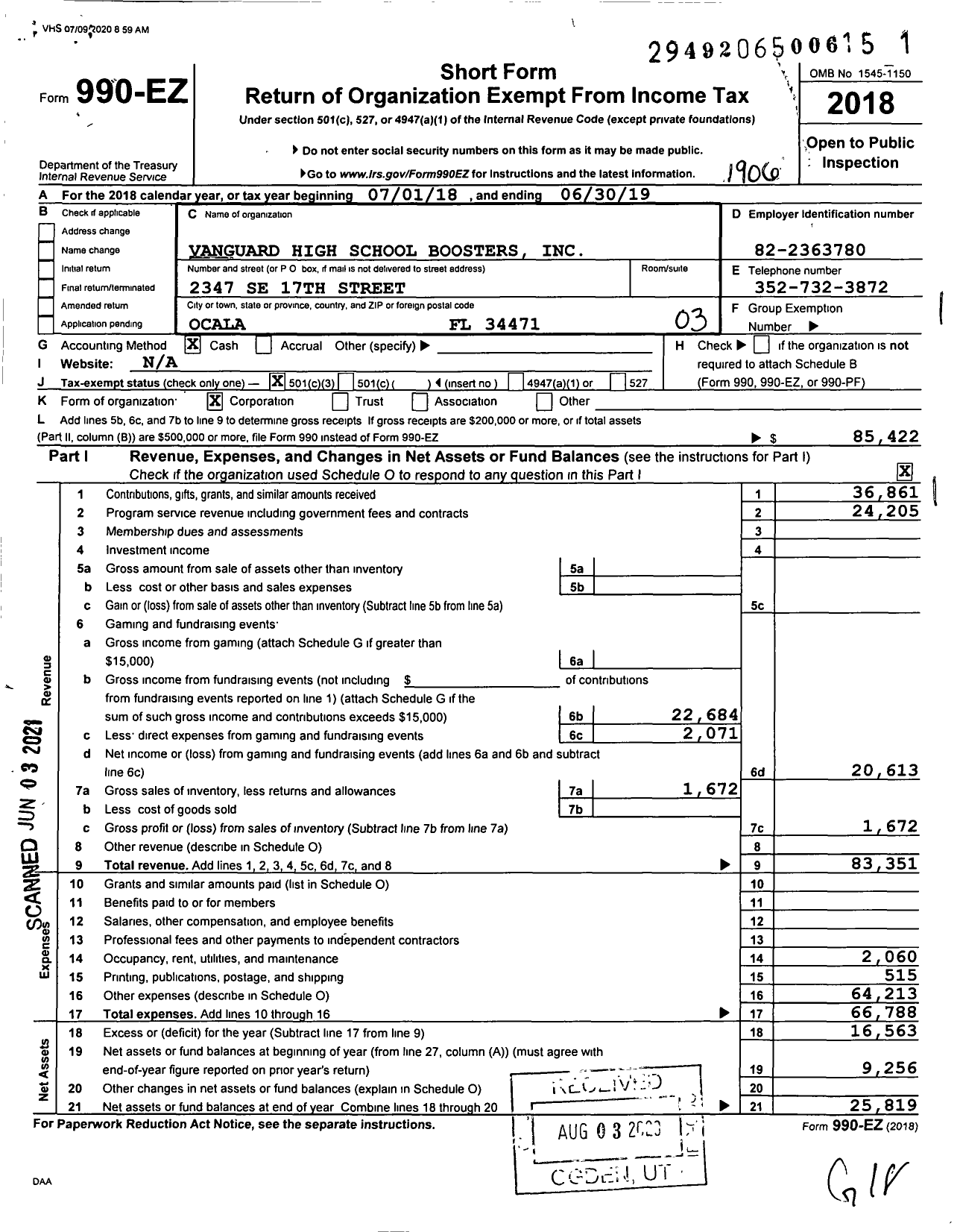 Image of first page of 2018 Form 990EZ for Vanguard High School Boosters