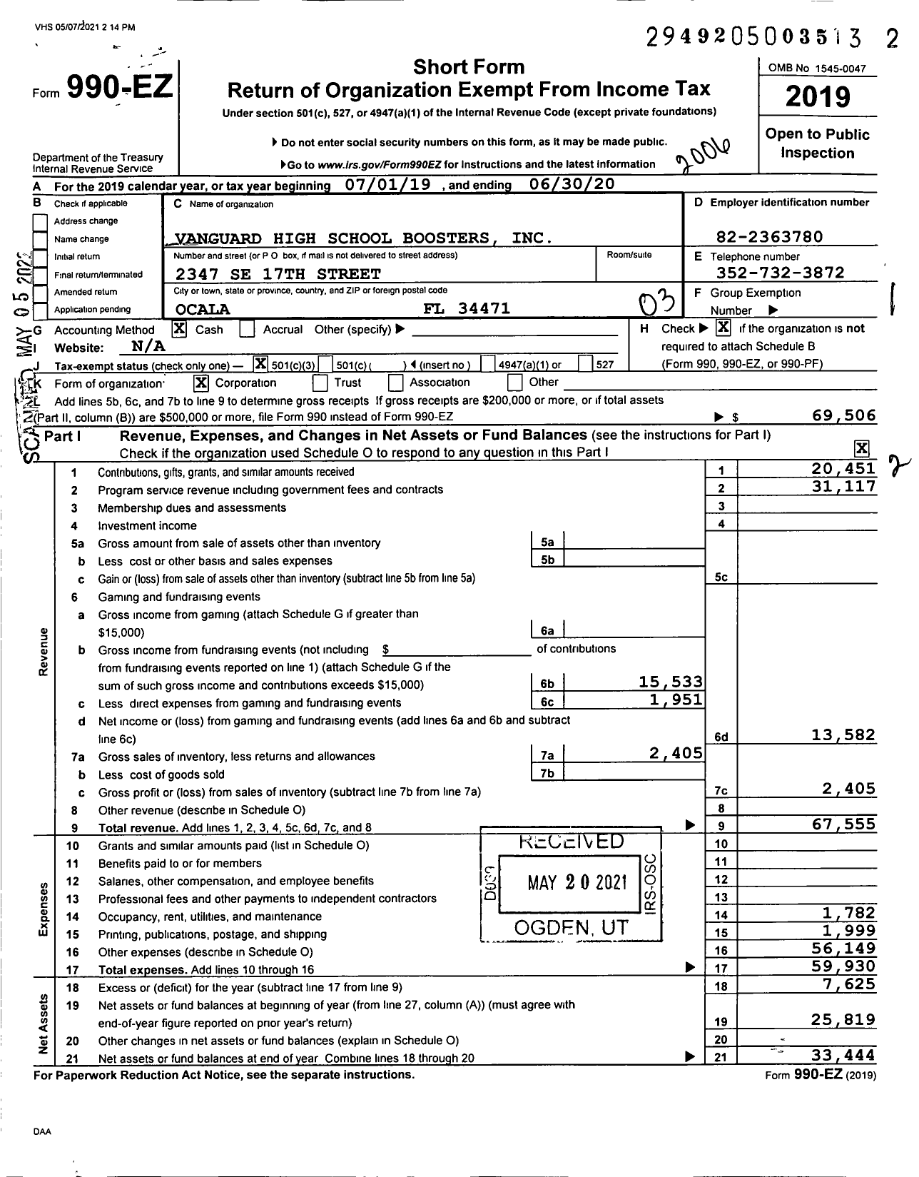 Image of first page of 2019 Form 990EZ for Vanguard High School Boosters