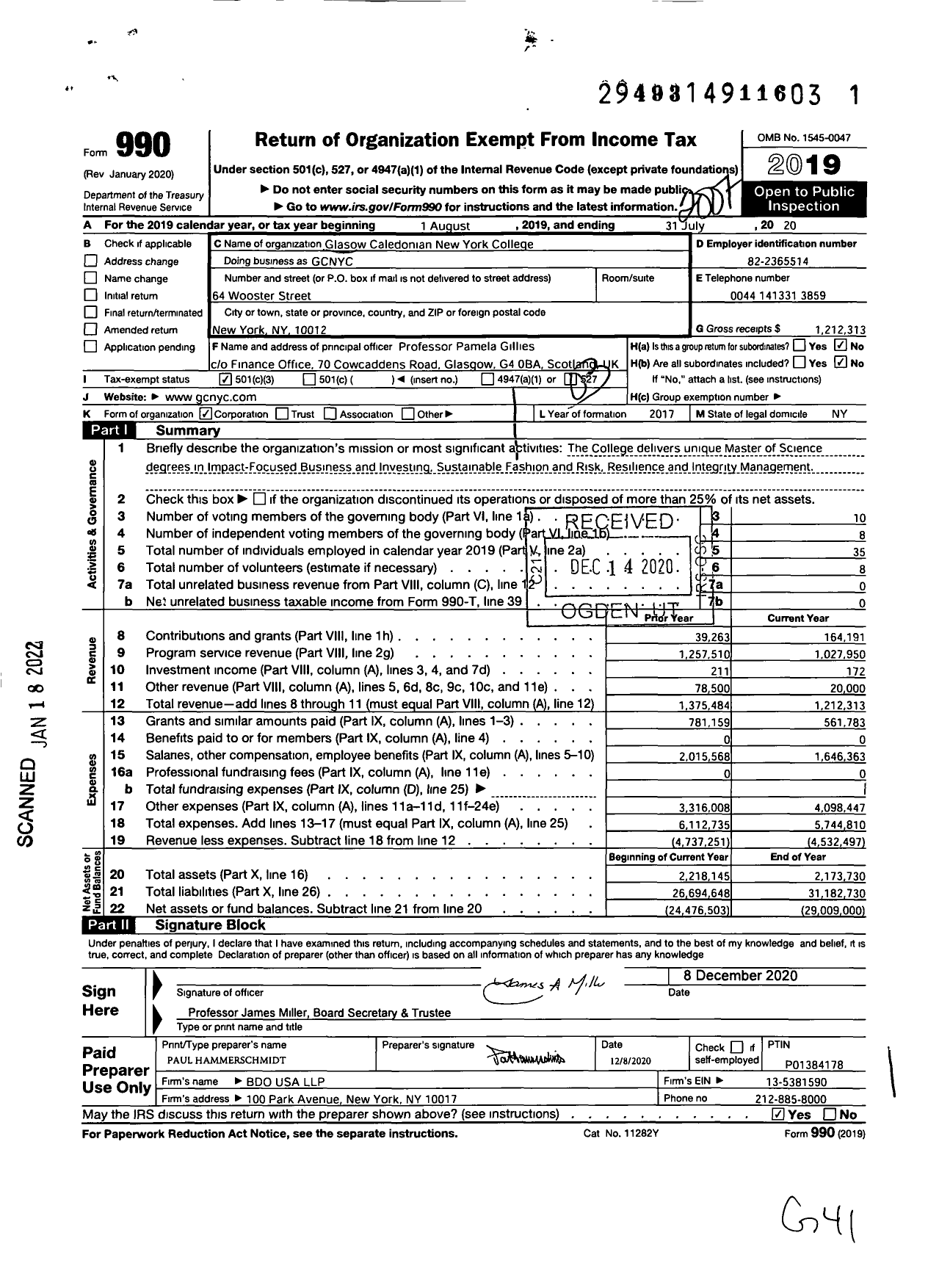 Image of first page of 2019 Form 990 for Glasgow Caledonian New York College (GCNYC)